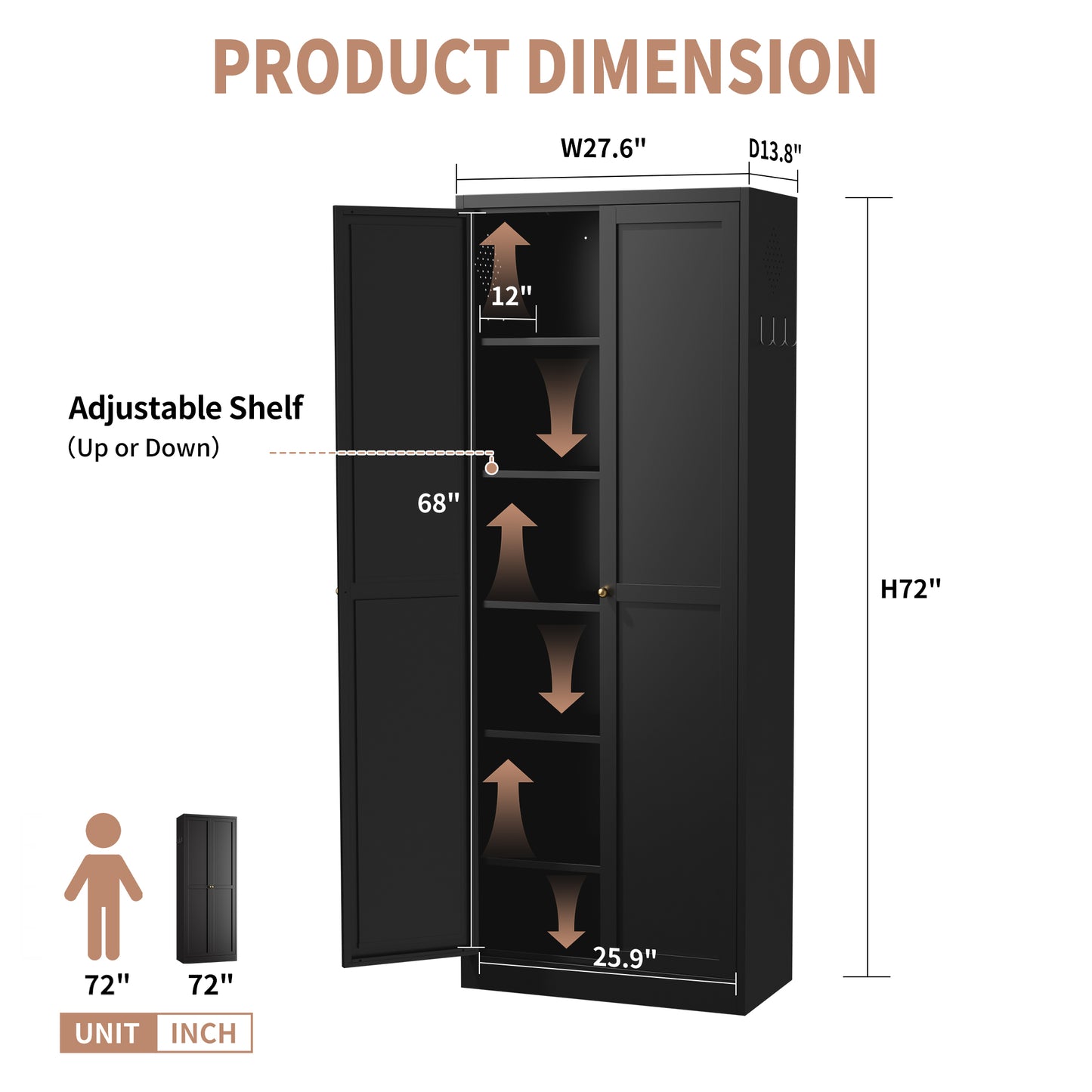 72 Black Metal Kitchen Pantry Cabinet With Doors, Heavy-Duty