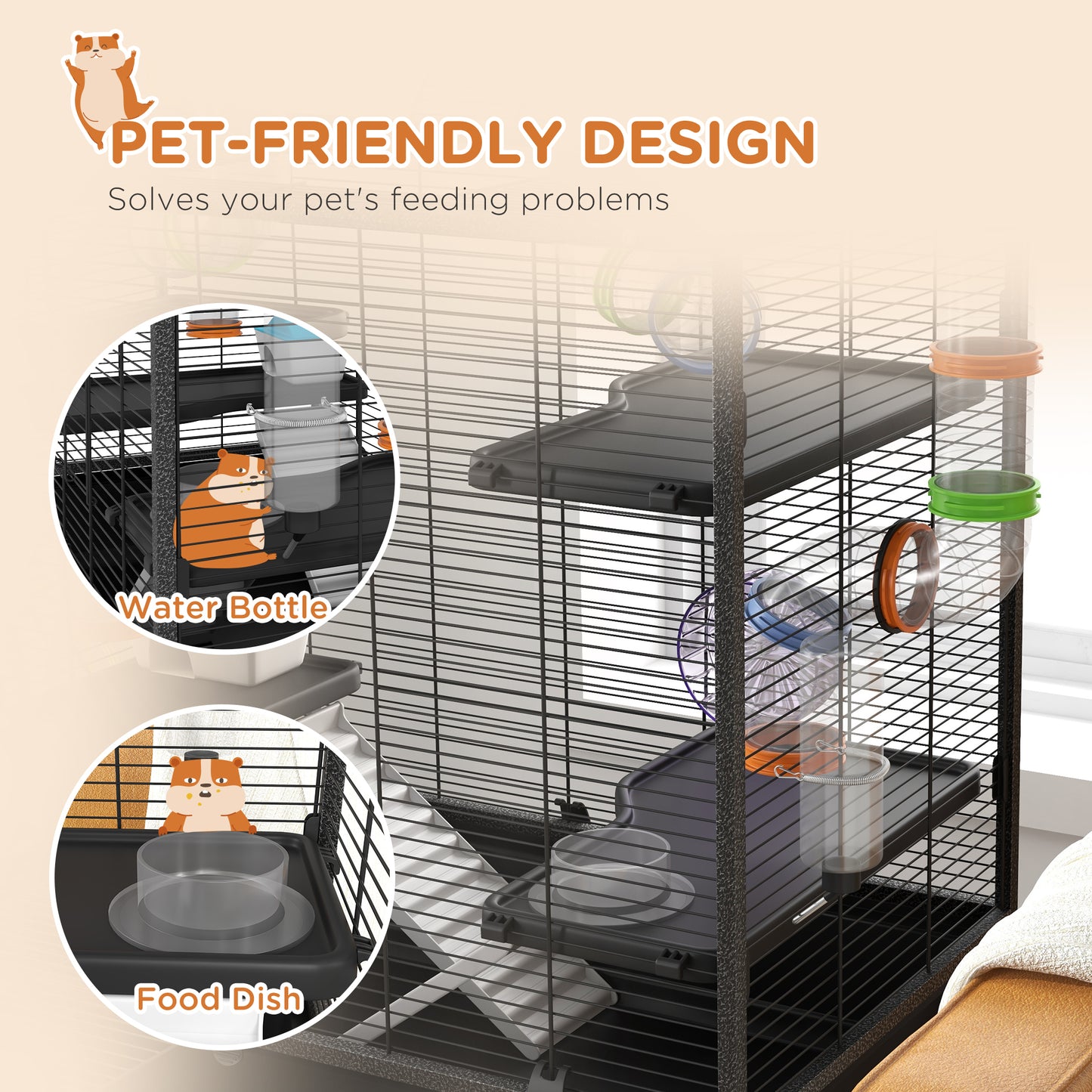 Small Animal Cage for Hamsters and Gerbils with Tubing, Wheel & Ramps