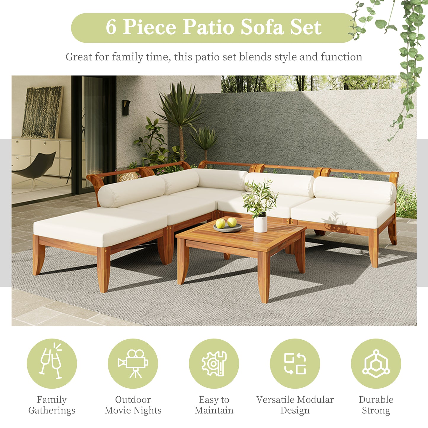 6 Piece Acacia Wood Patio Sofa Set - L-Shaped Modular Outdoor Seating with Cushions, Teak Beige