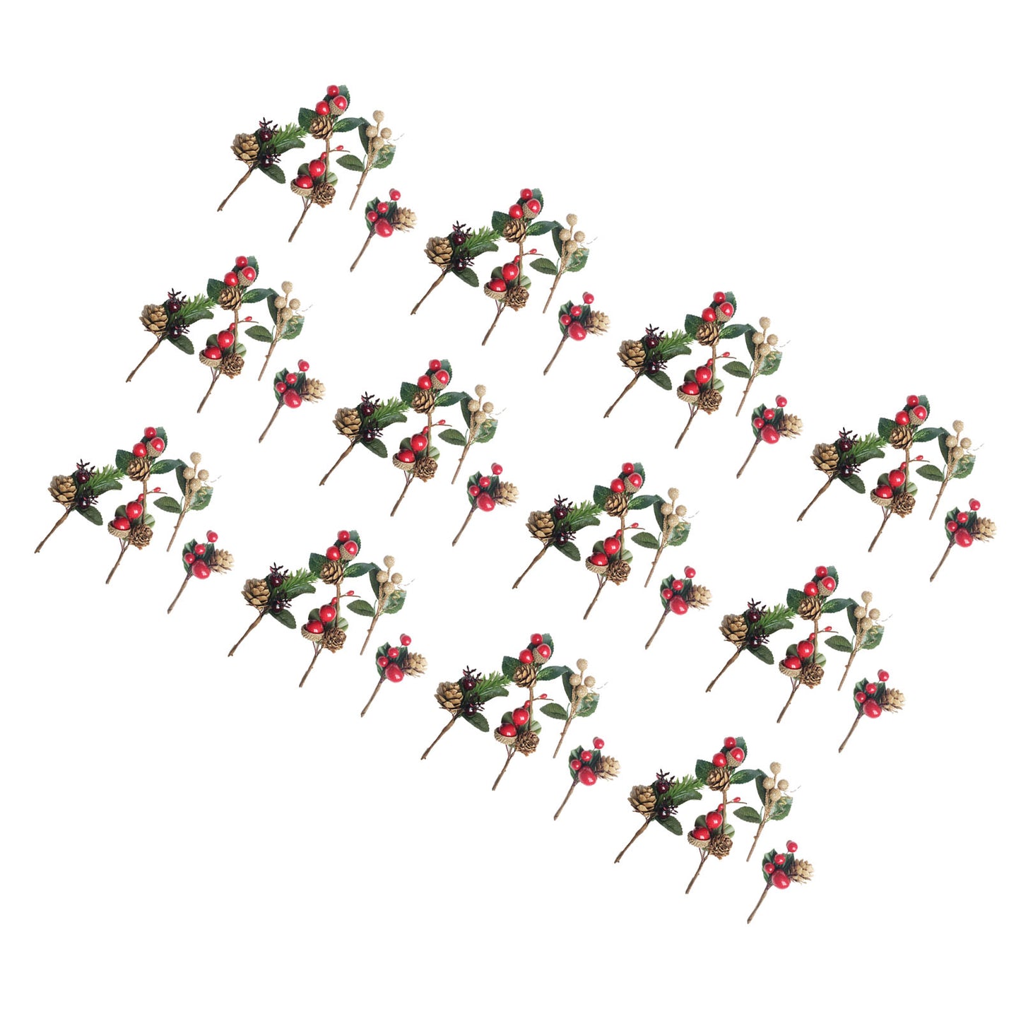 Artificial Flowers with Pine Cones and Red Berries - 12 Sets