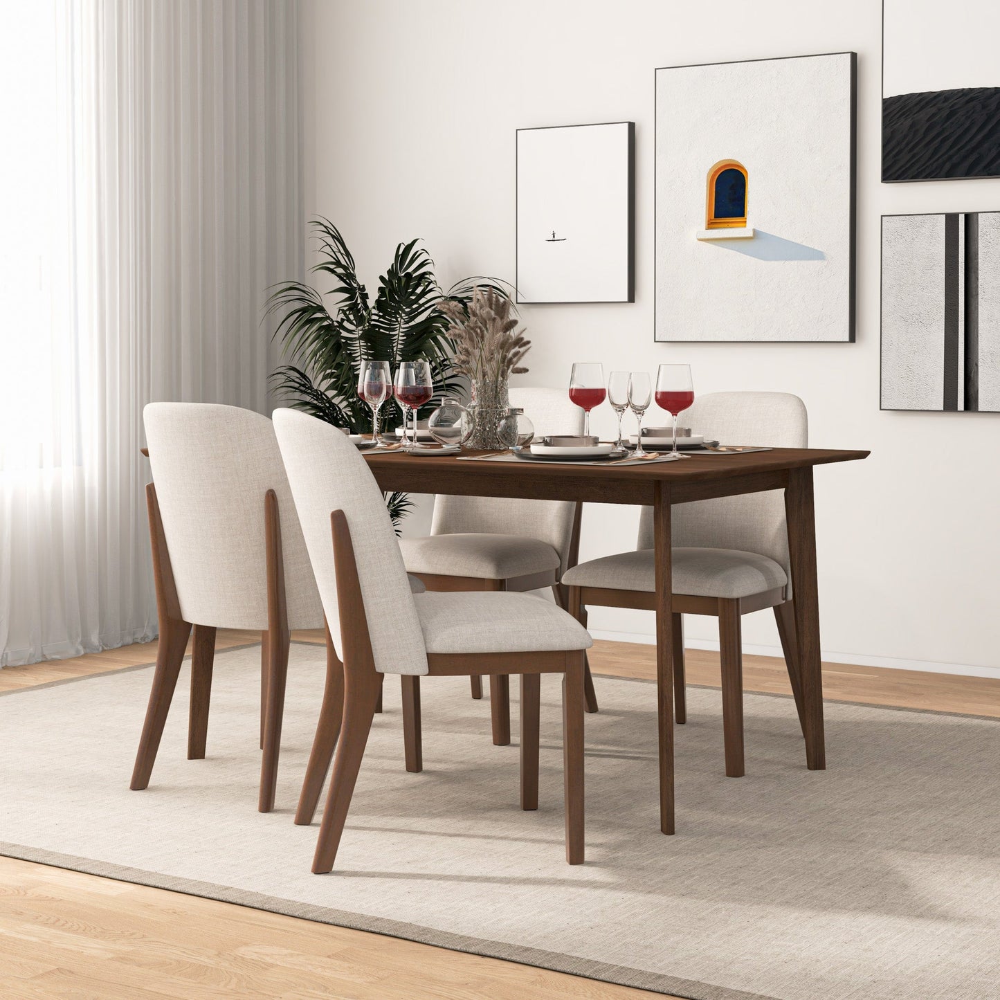 Mid-Century Modern Kaitlyn Beige Linen Dining Chair With Solid Wood