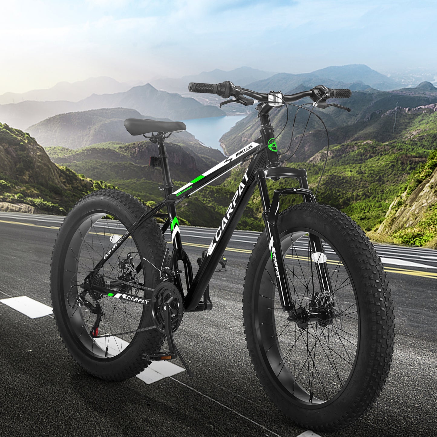 26 Inch Fat Tire Mountain Bike - Full Shimano 21 Speed, Dual Disc Brakes