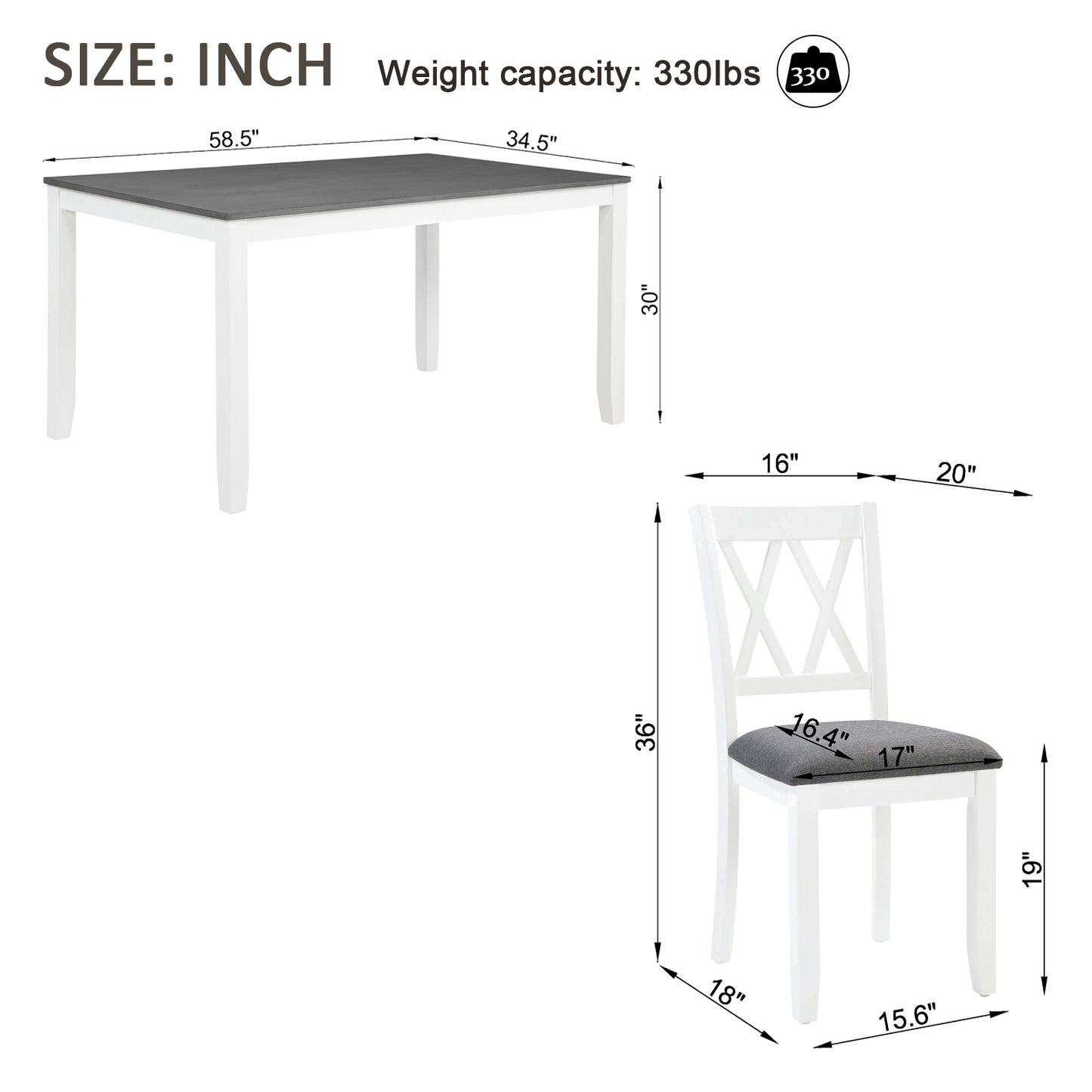 7-Piece Solid Wood Dining Set with 6 Upholstered Chairs - Grey & White