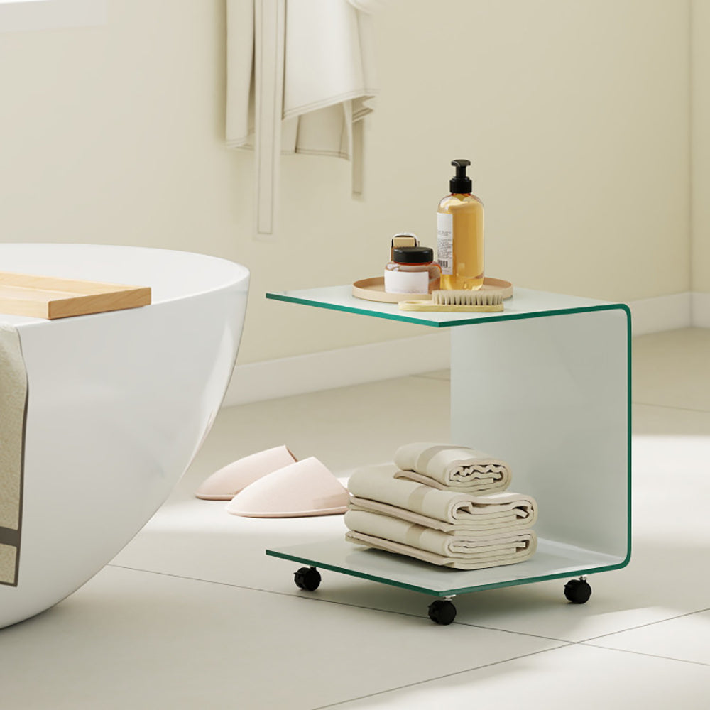 C Shaped End Table Modern Tempered Glass Side With Shelf 4 Swivel