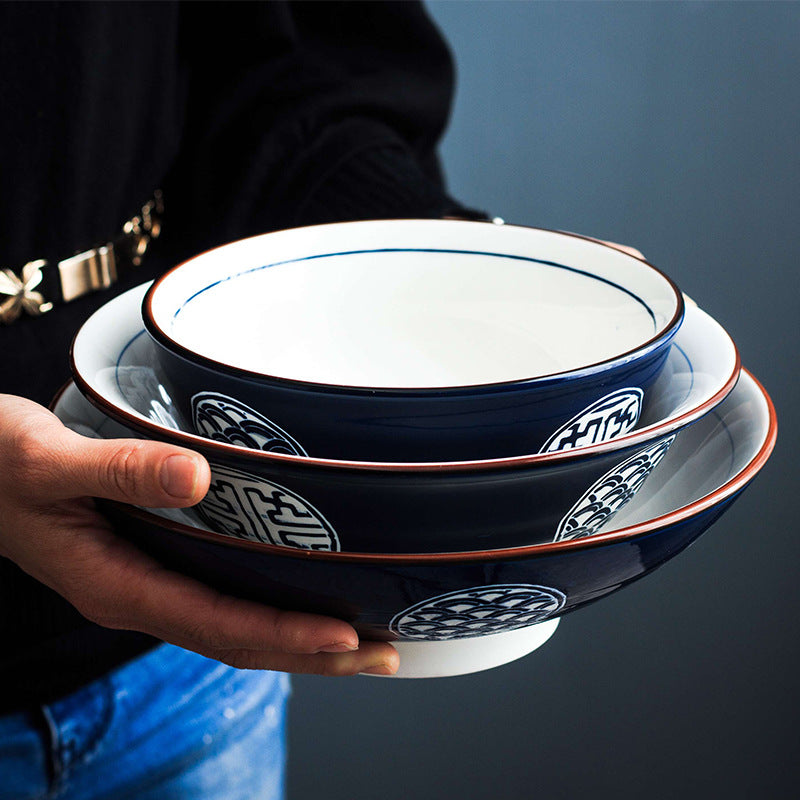 Ceramic Japanese Ramen Bowl Set - Porcelain Soup Bowls in Navy Blue, 6-8 Inch