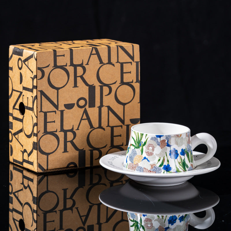 Elegant Iris Flower Ceramic Coffee Cup Set with Gift Box - Multiple Styles & Sizes