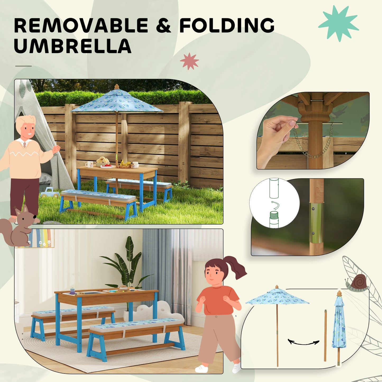 Kids Picnic Table Set with Umbrella & Cushions - Dinosaur Theme
