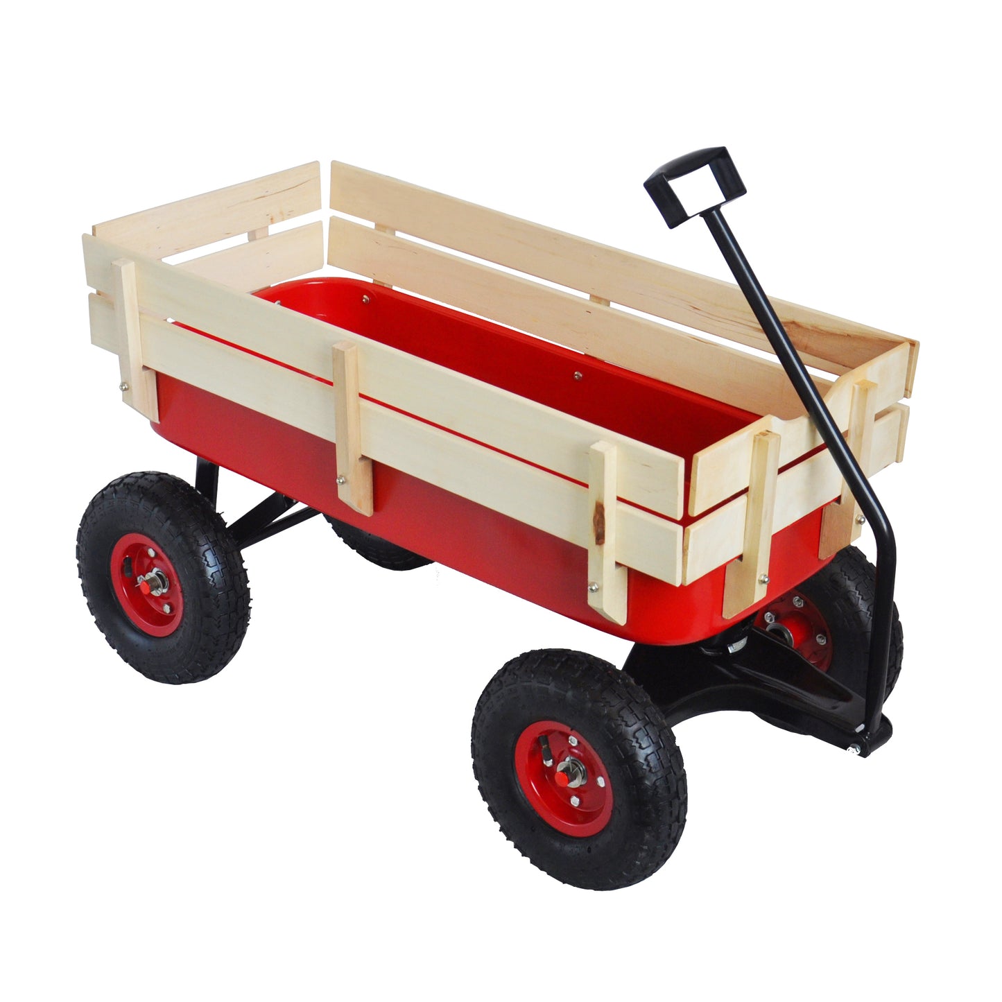 Garden Wagon with Wooden Side Panels and Pneumatic Tires - Heavy Duty Utility Cart