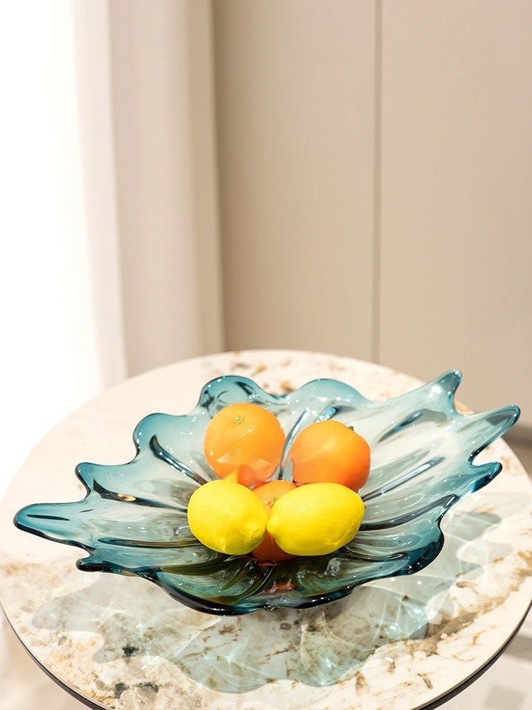 Minimalist Glass Fruit Bowl with Blue Lotus Leaf Pattern - Modern Home Decor