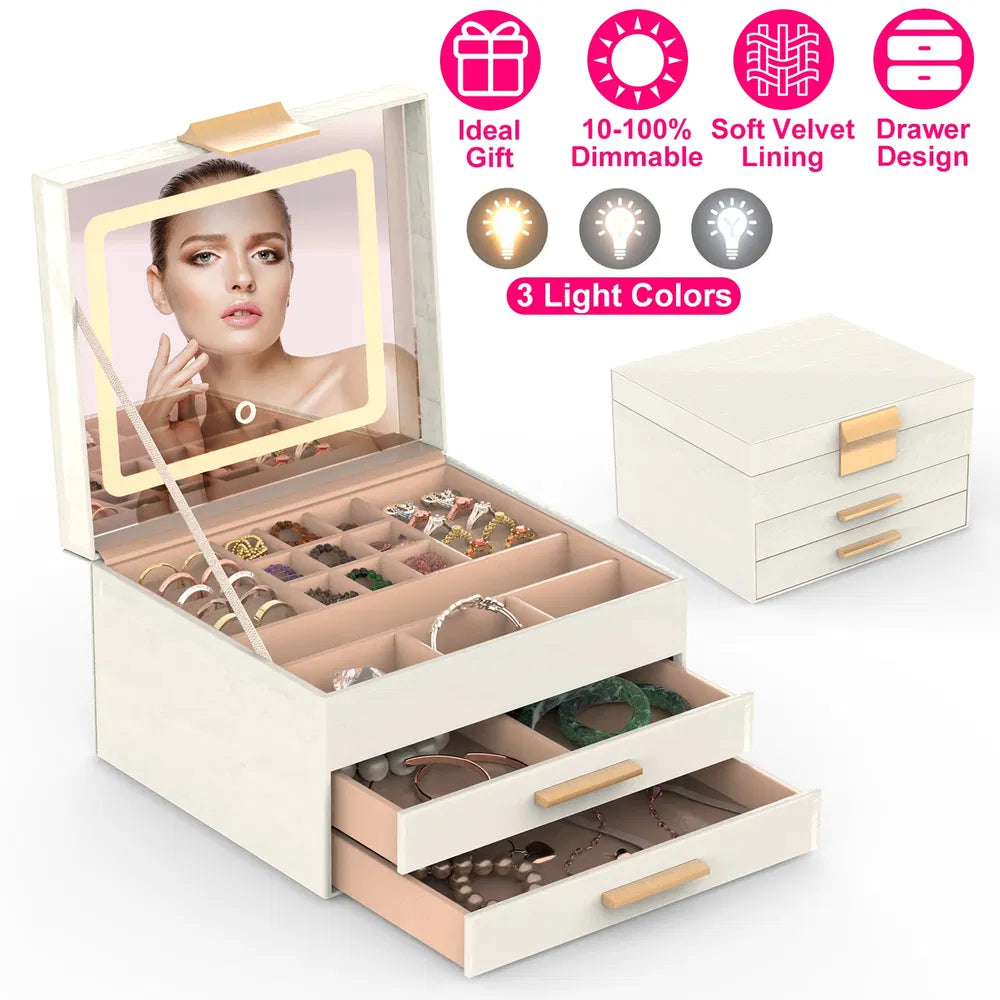 Jewelry Box With LED Mirror 3-Layer Organizer 2 Drawers PU Holder 3