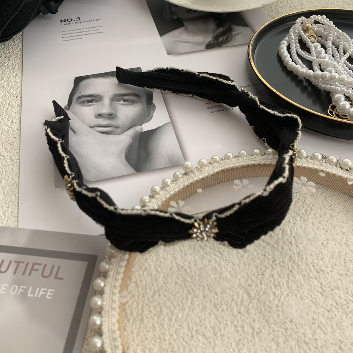 Black Rhinestone Hair Hoop - Exaggerated Wooden Ear Headdress for Hair Styling