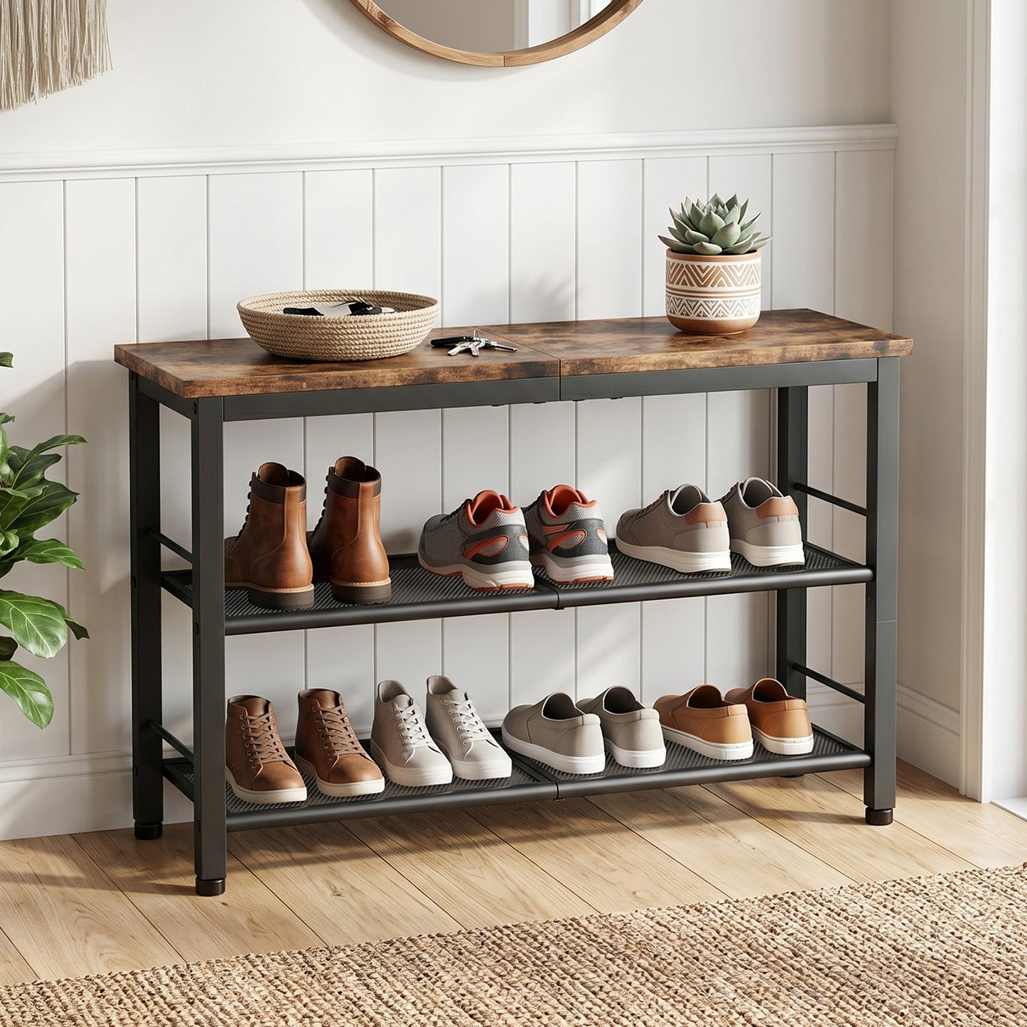 3-Tier Industrial Style Shoe Bench Storage Rack - Easy Assembly