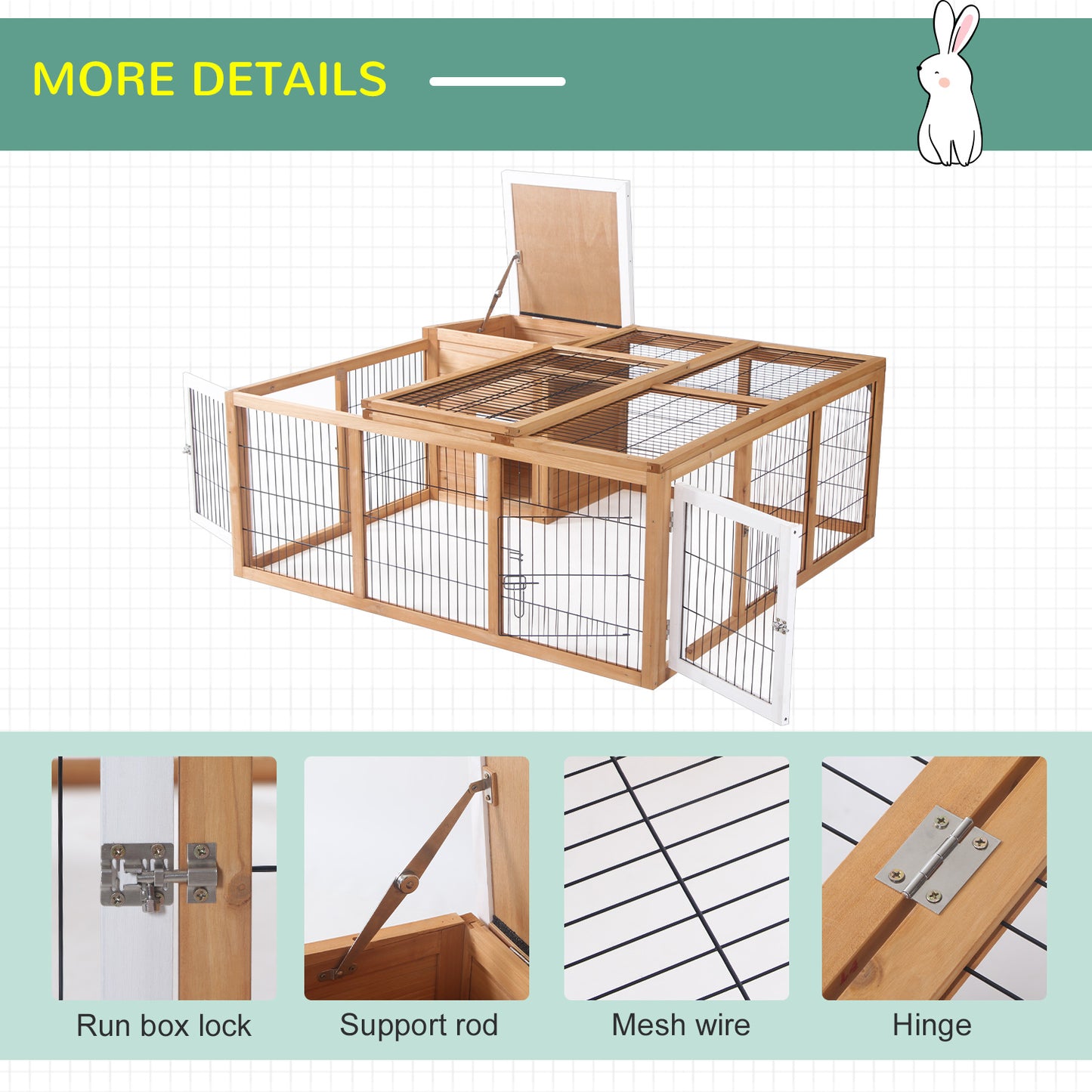 Outdoor Waterproof Rabbit Hutch with Enclosed Shelter and Run - Natural Wood, 1275x540x185 mm