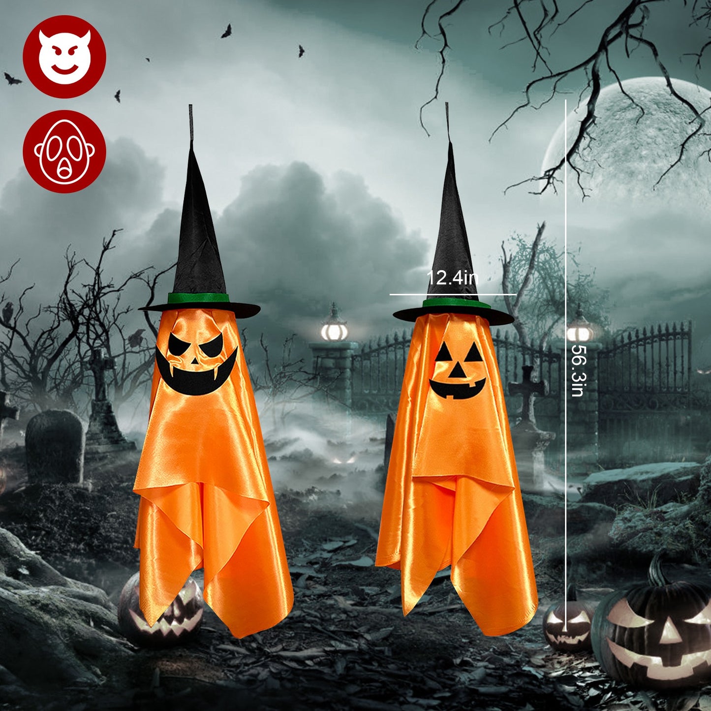 Hanging Ghost Decorations with Pumpkin Wizard Hats - 2Pcs