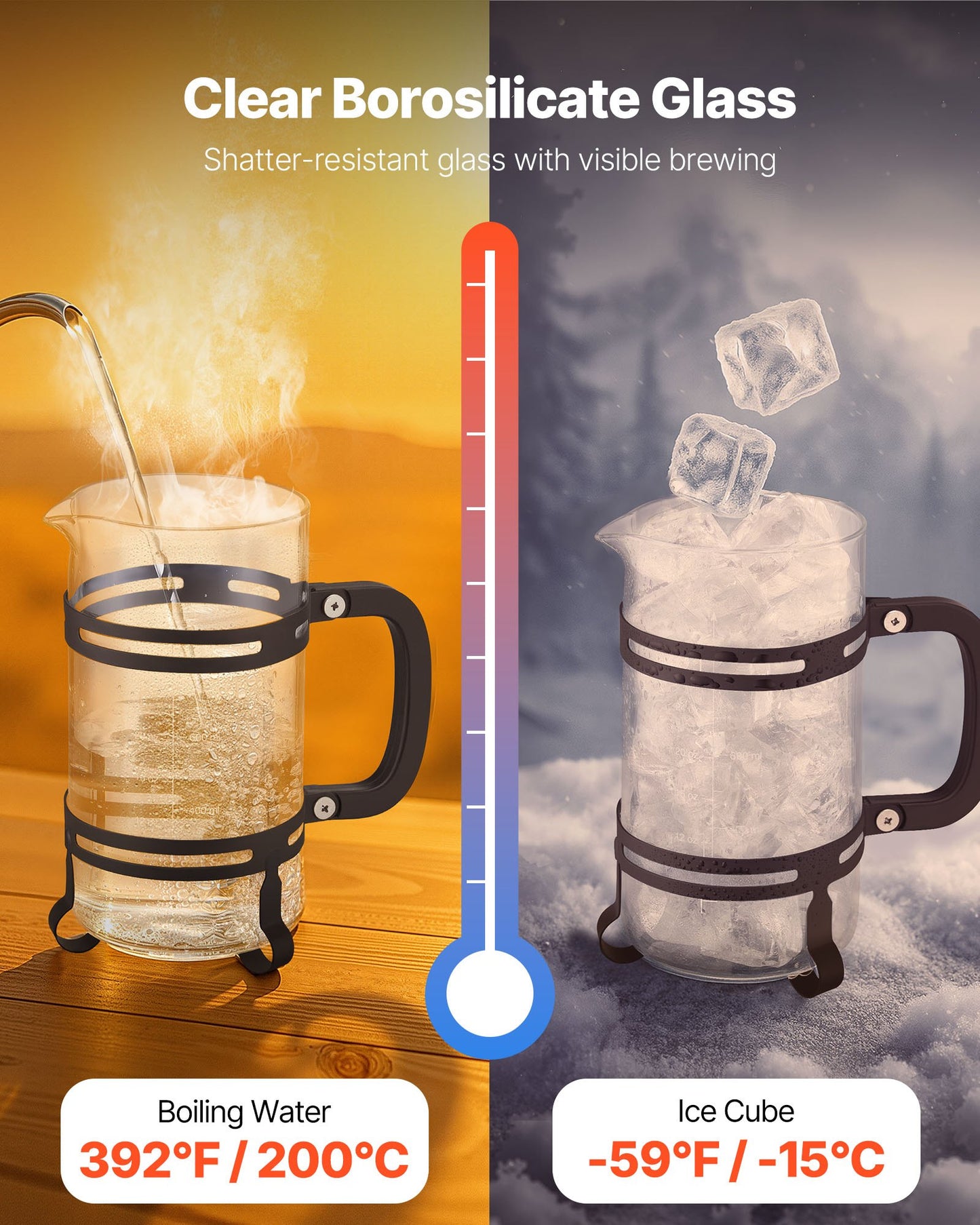 French Press Coffee Maker 34 Oz Borosilicate Glass Stainless Steel Filter - Silver