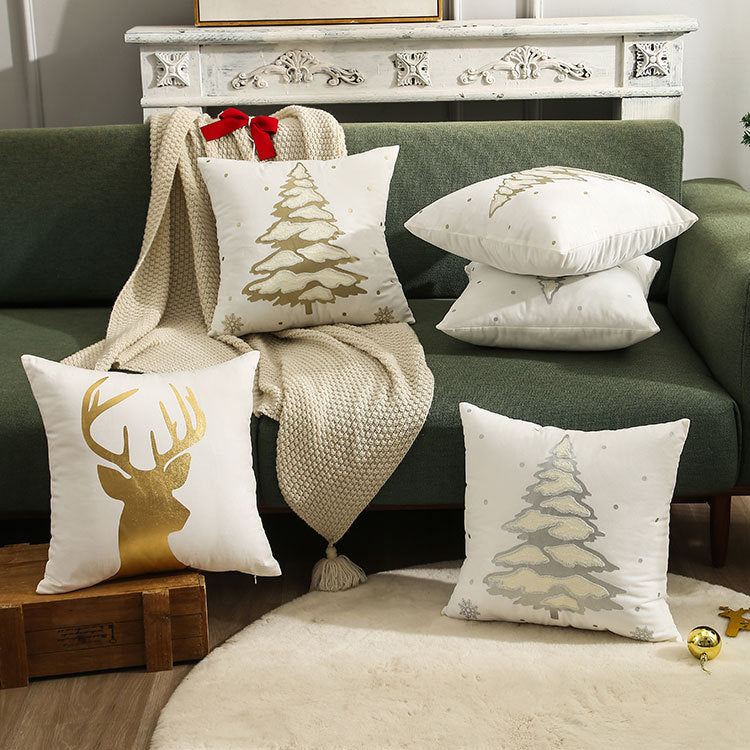 Embroidered Christmas Tree Pillowcase - Silver & Gold Holiday Cushion Cover