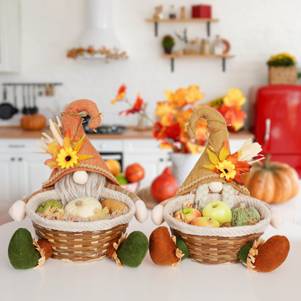 Thanksgiving Holiday Decor Doll Basket Ornament - Maple Leaf Candy Theme