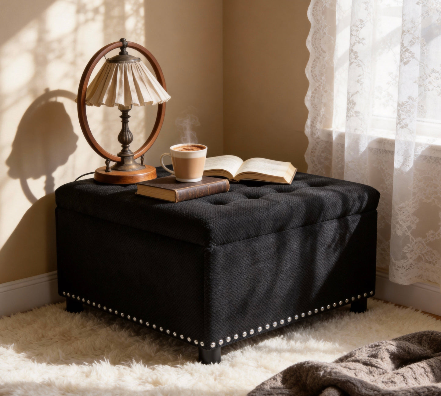 Tufted Black Storage Ottoman with Nailhead Trim - Square Bench