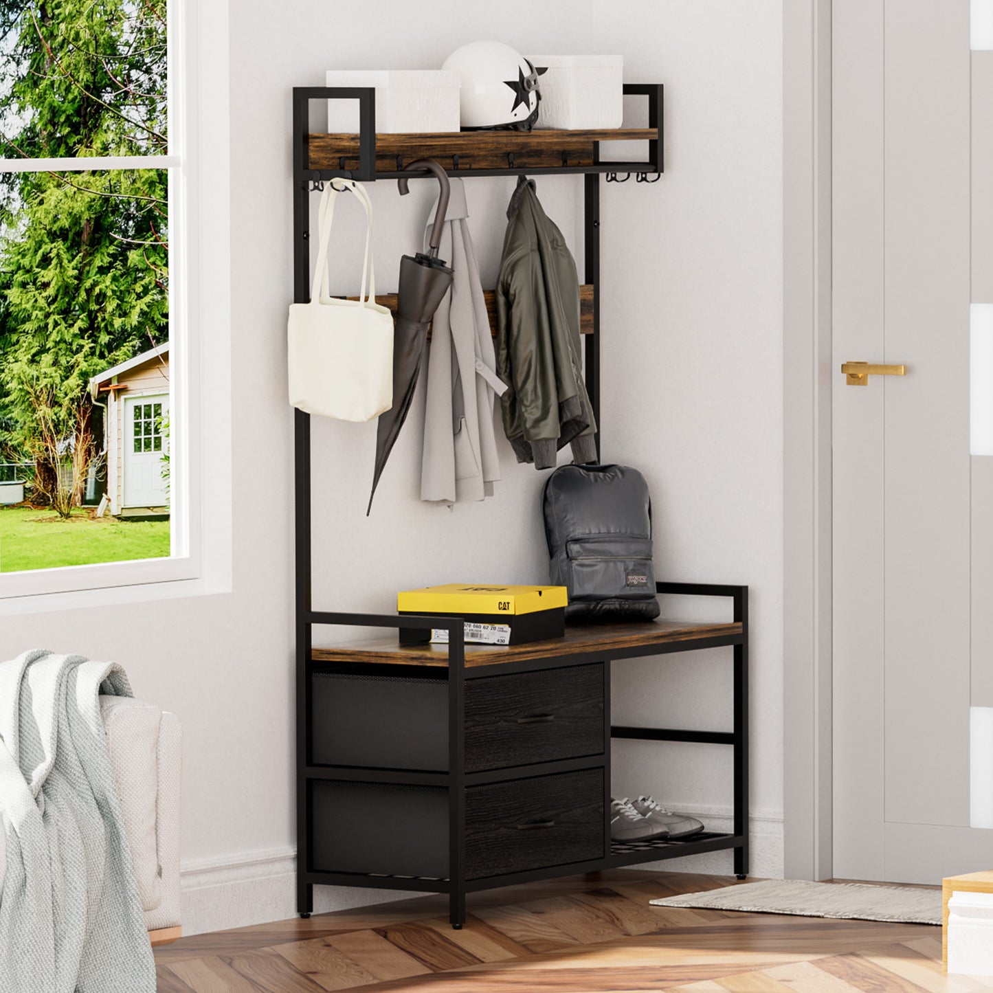 33.1 Wide Hall Tree With 2 Movable Drawers, Shoe Storage, Shelves And