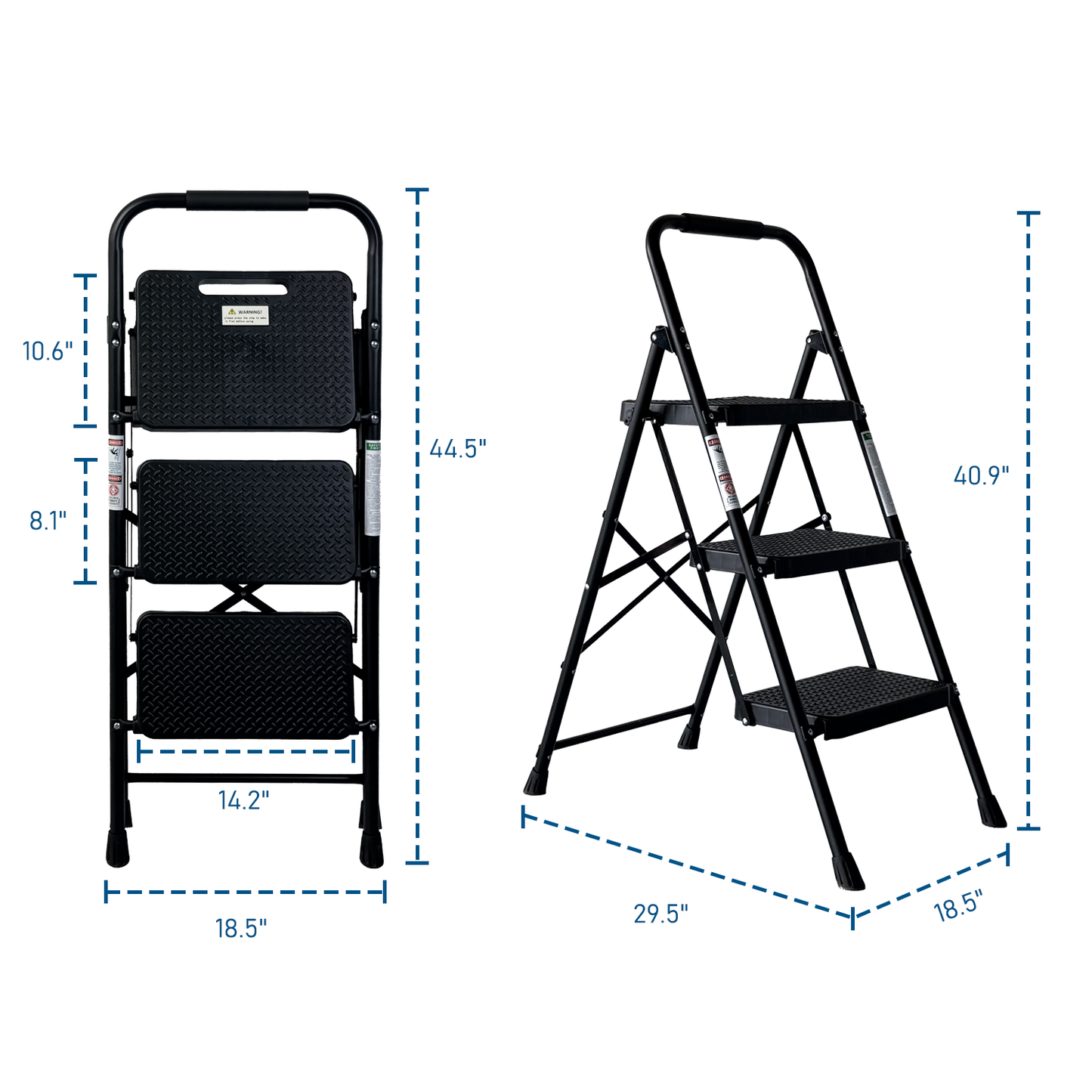 3-Step Folding Step Ladder with Anti-Slip Pedals - Black