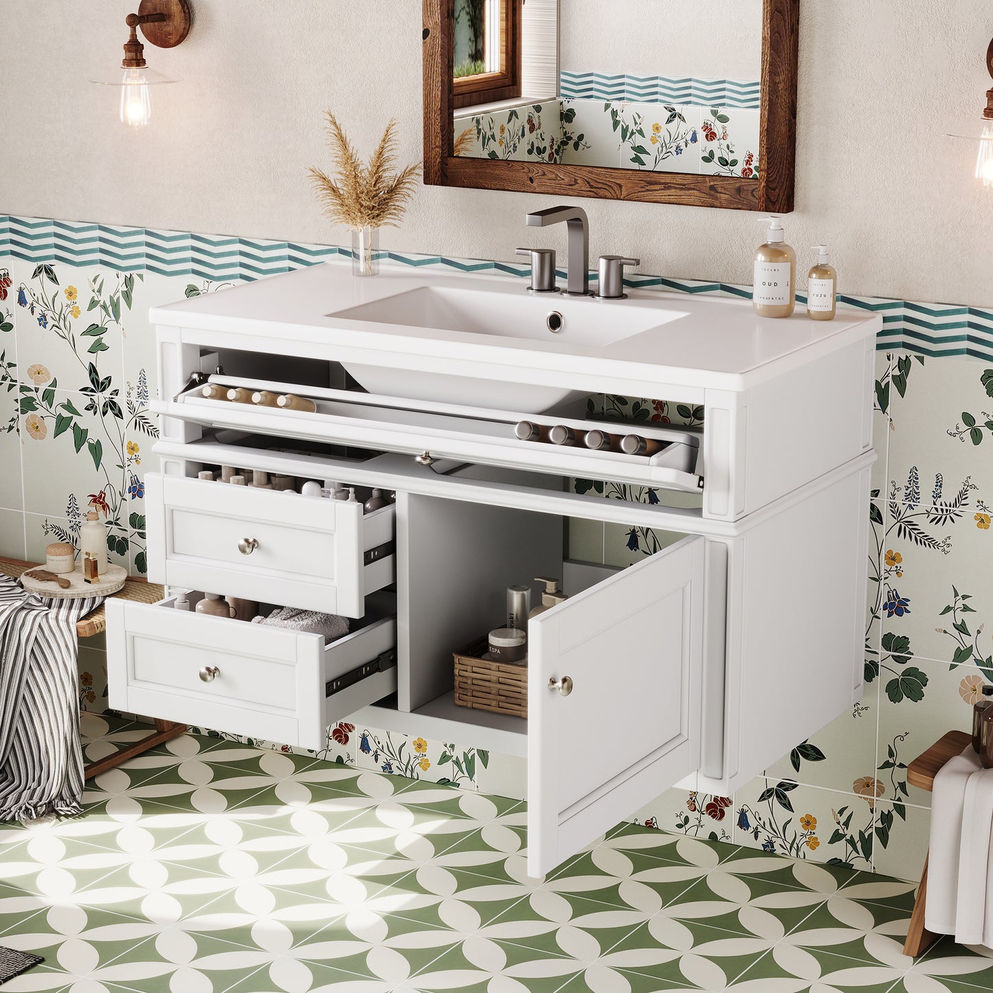 36-inch Wall Mounted Bathroom Vanity with Ceramic Sink & Drawers