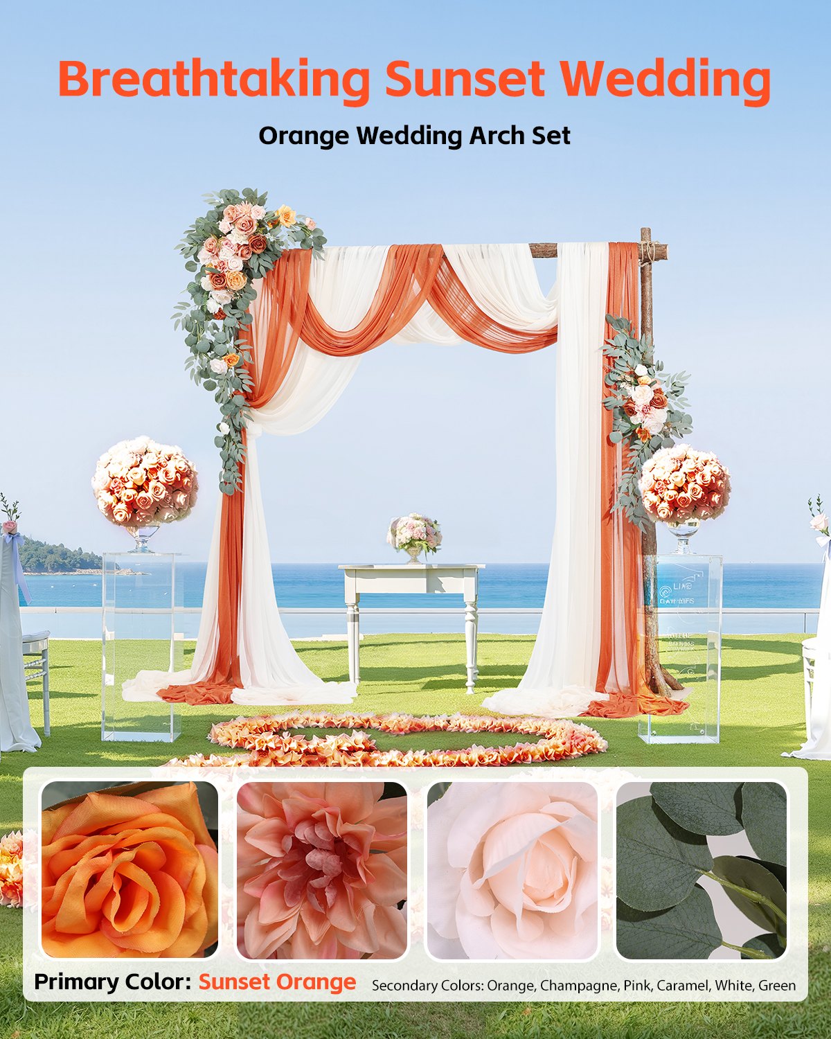 Artificial Wedding Arch Flowers Kit with 33ft Draping Fabric - Orange, Pack of 5