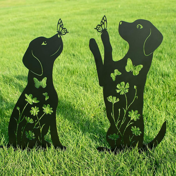 2pcs Metal Dog Garden Decor Sculptures - Puppy Silhouette Stakes for Outdoor Yard