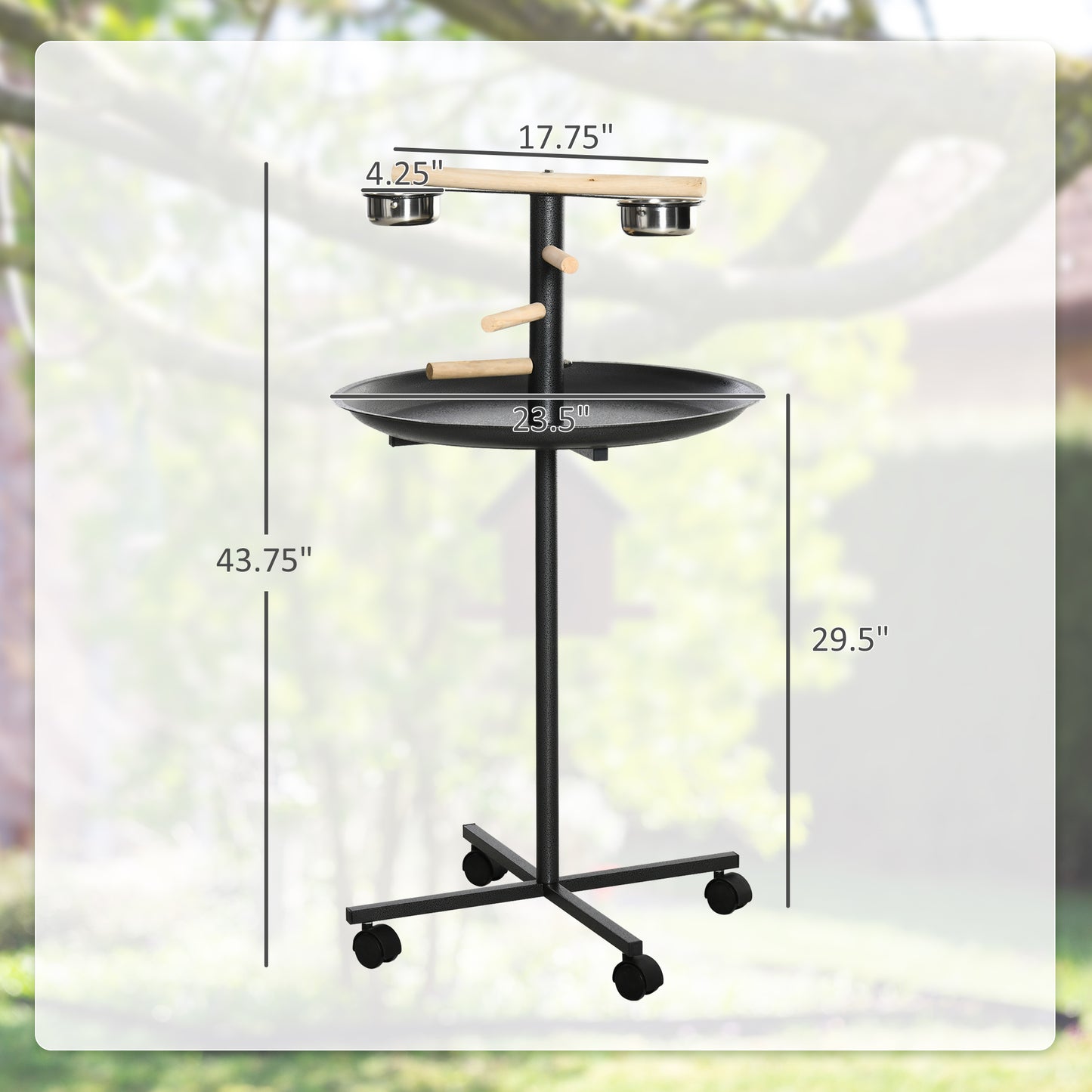 Portable Bird Play Stand with Wheels and Stainless Steel Feeders - Gray