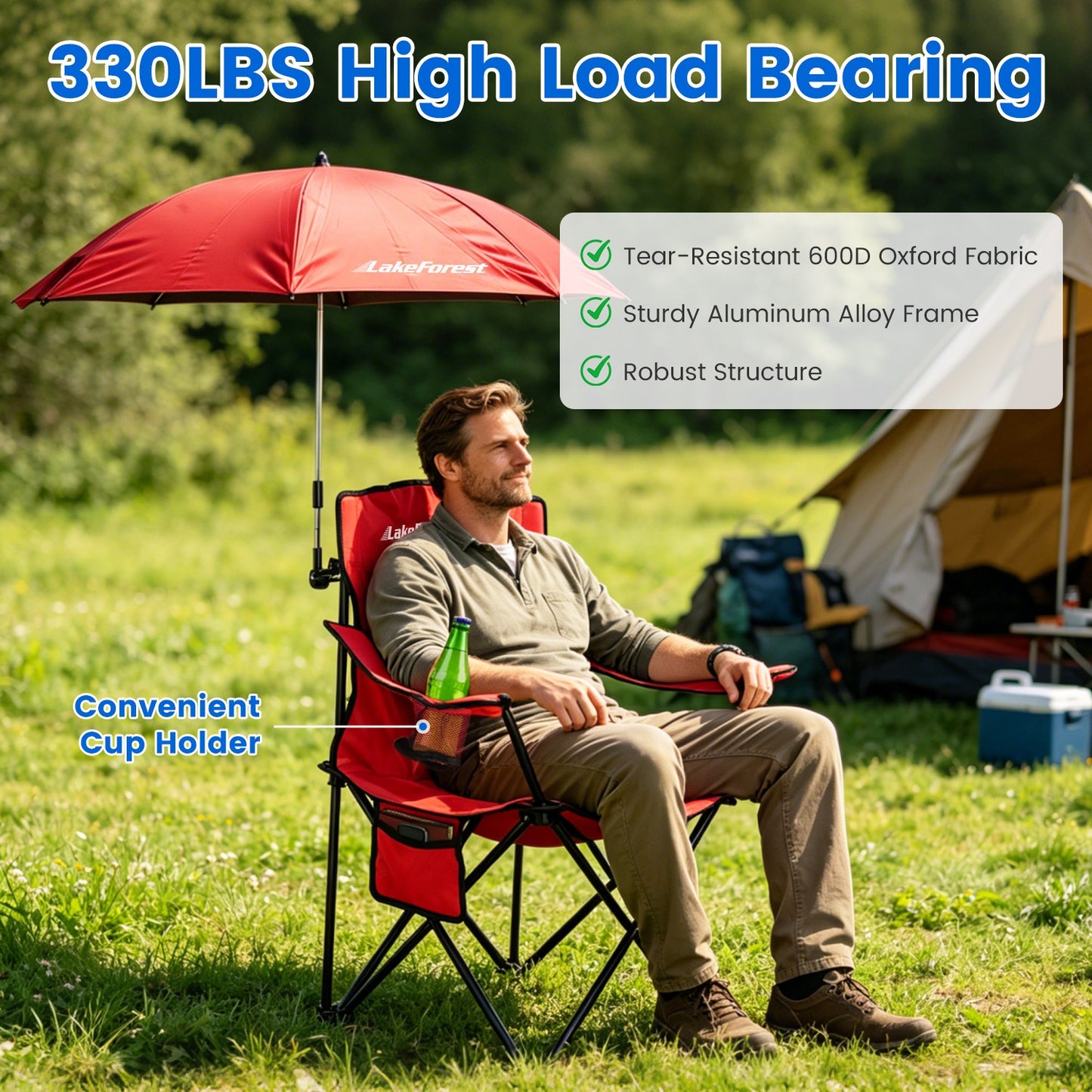 Foldable Camping Chair with Umbrella & Cup Holder - 330LBS
