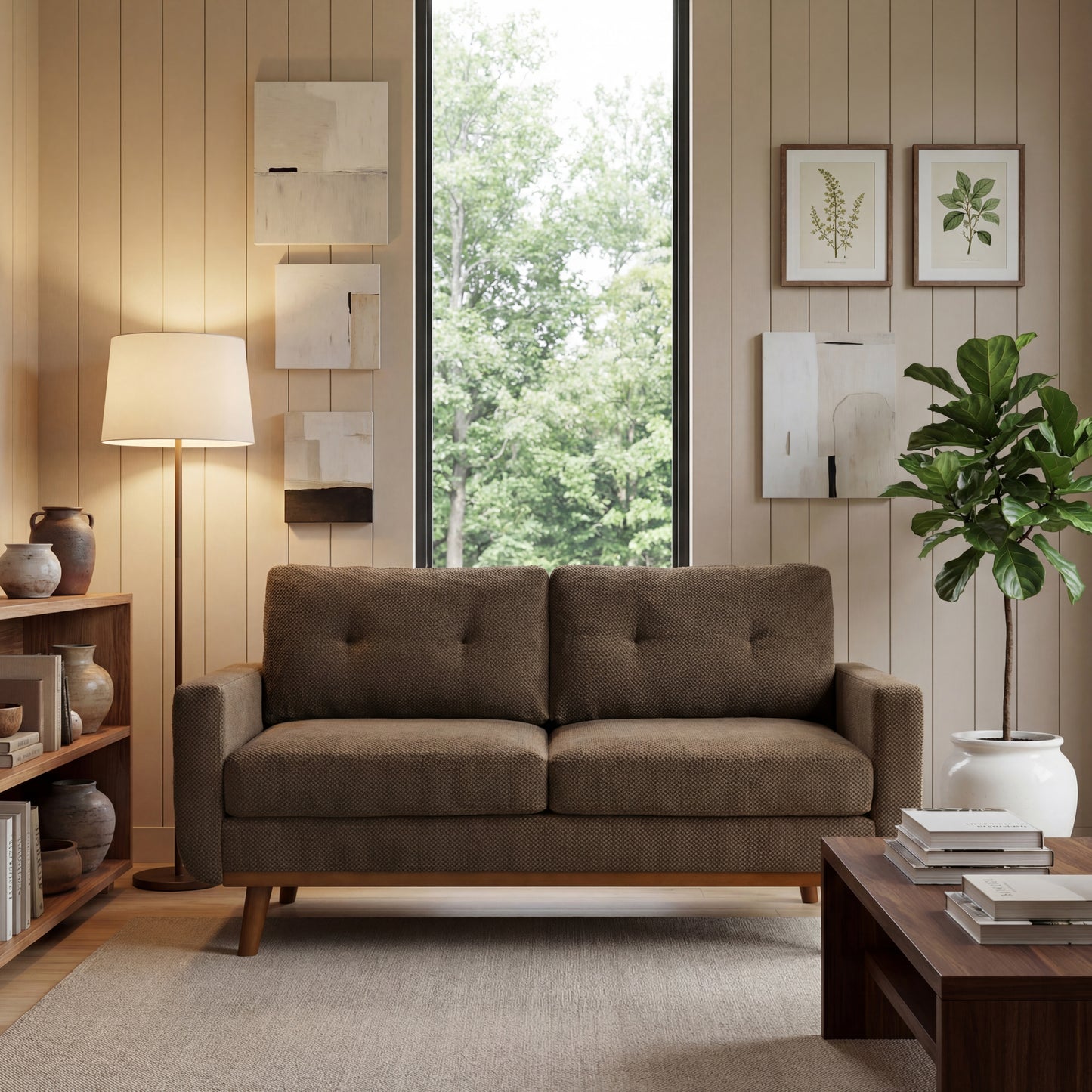 65-Inch Modern Minimalist Loveseat with Nubby Upholstery - Coffee