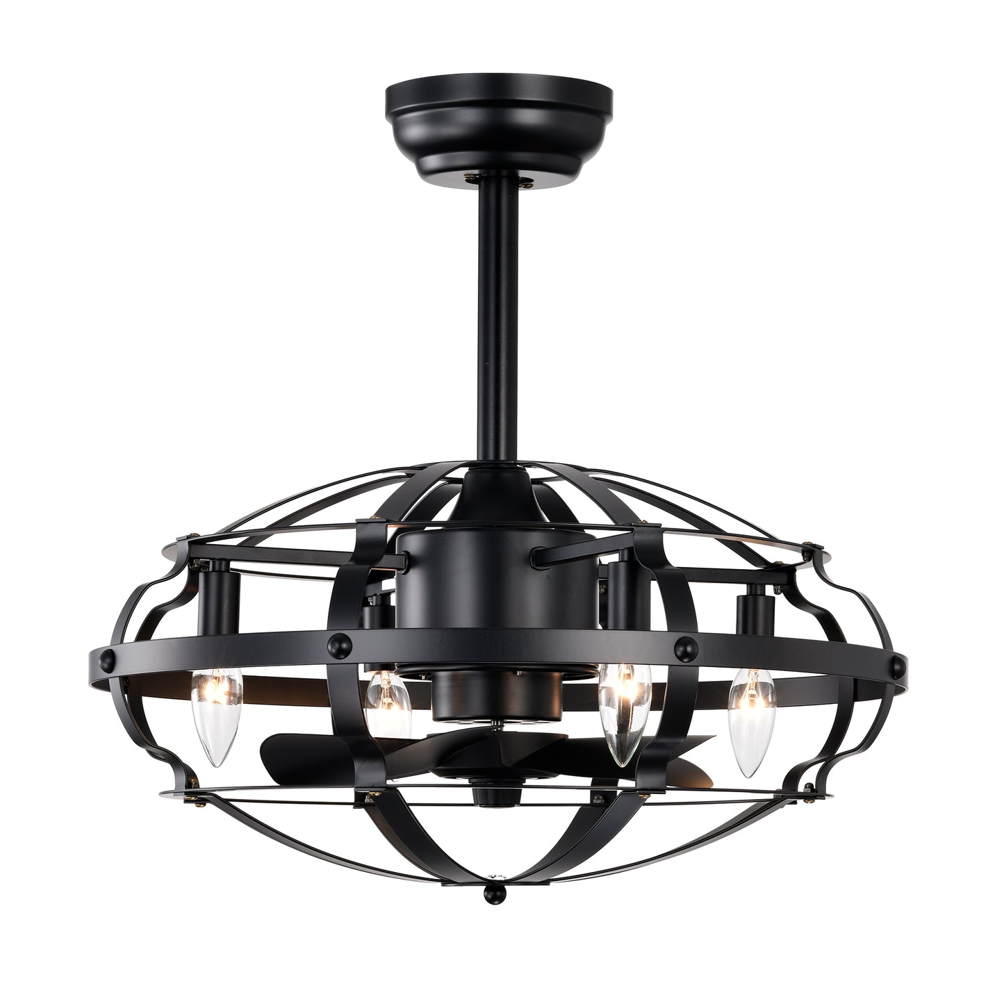 20.63 Inch Matte Black Caged Ceiling Fan with Lights - Farmhouse