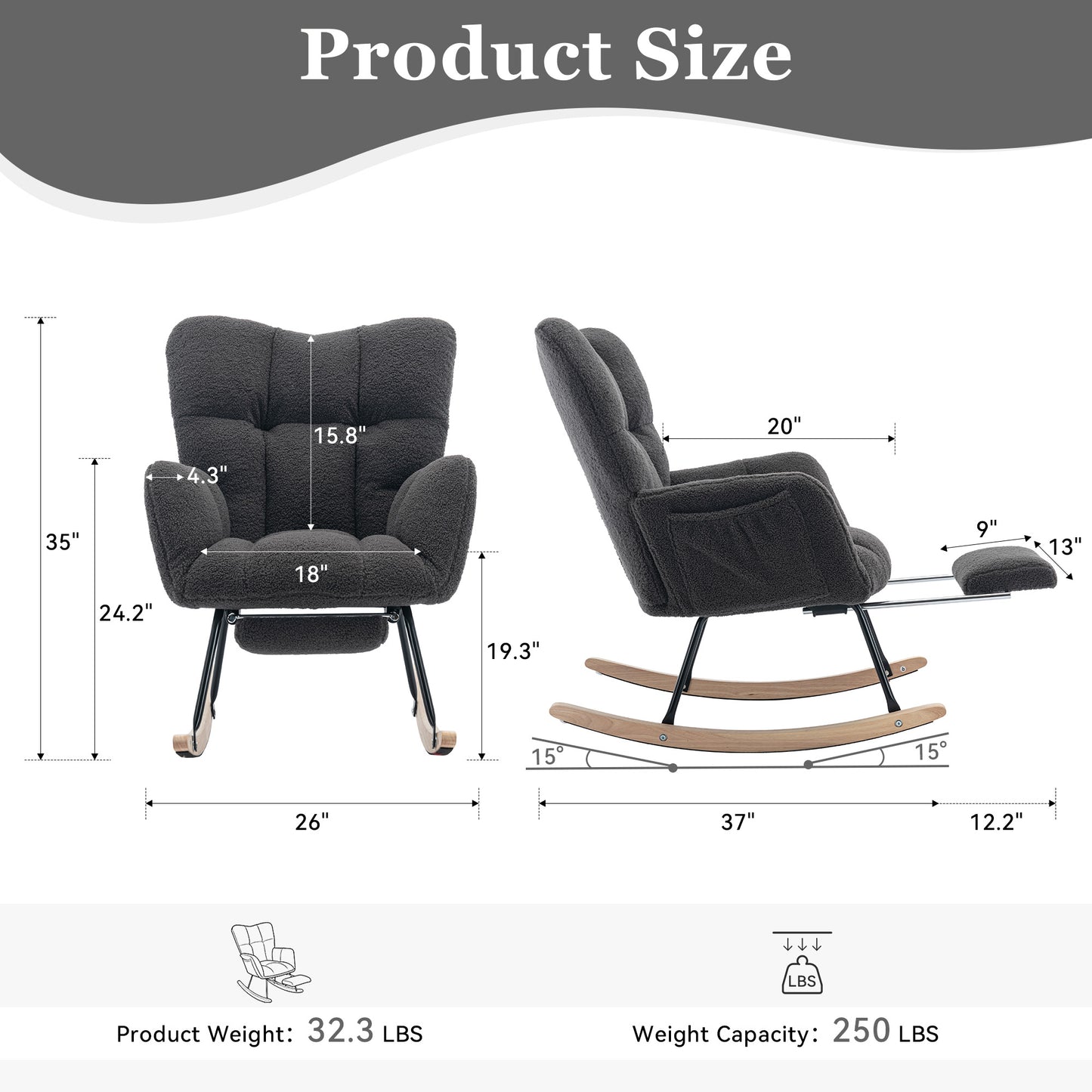 Modern Teddy Fabric Rocking Chair with Adjustable Footstool - Dark Gray