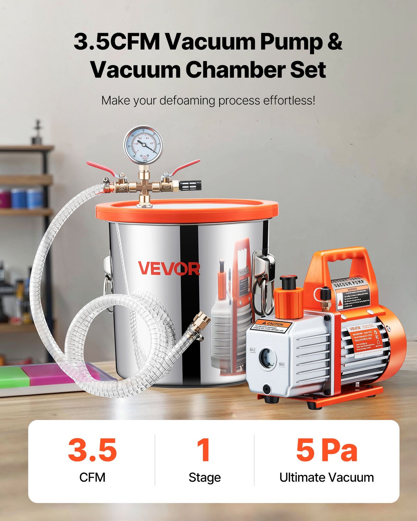 3.5 CFM Single Stage Vacuum Pump with 3-Gallon Stainless Steel Chamber Kit - Orange