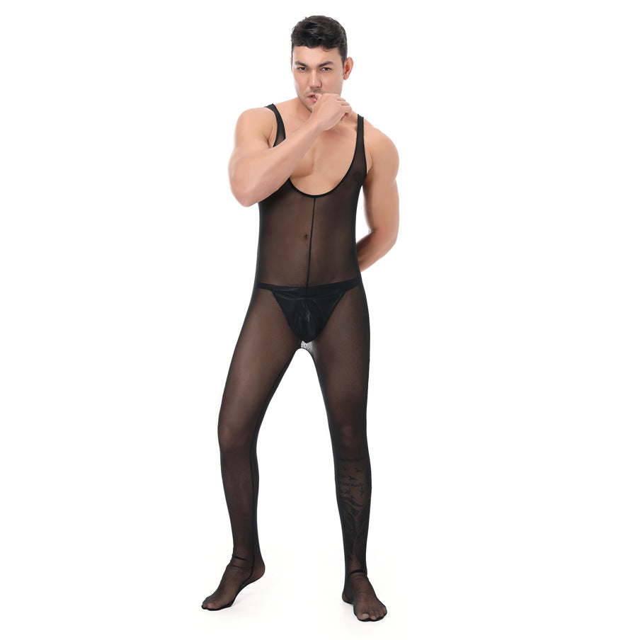 Men's Mesh Teasing Extreme Temptation Jumpsuit Uniform Black M-2XL