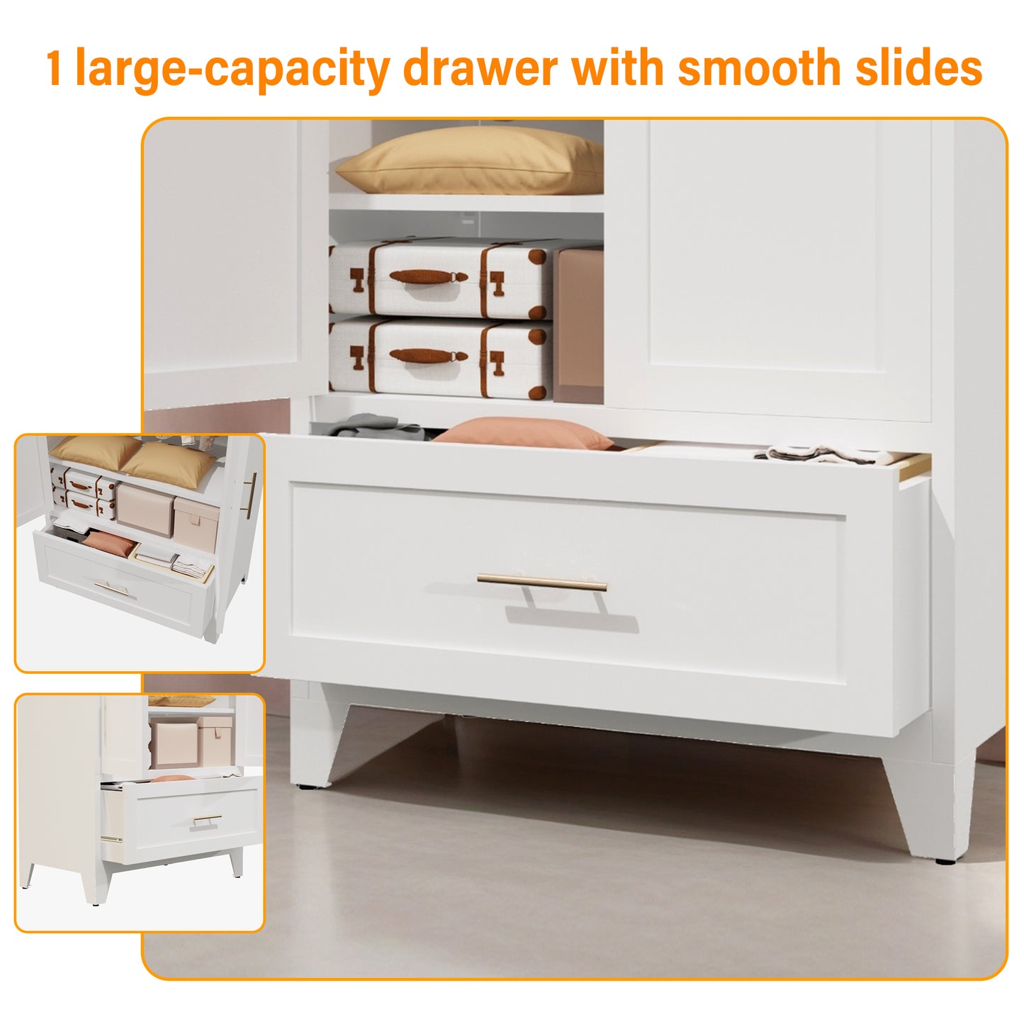 60-Inch Tall Metal Wardrobe Cabinet with Drawer & Shelf - White