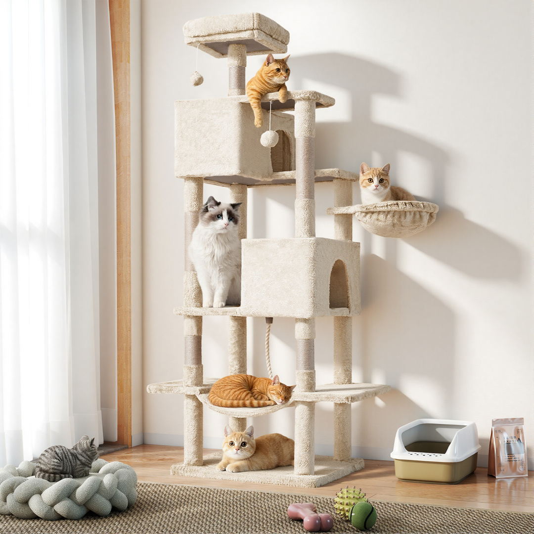 Large 66 Inch Multi-Level Cat Tree Tower with Condos & Hammock - Indoor Pet Furniture