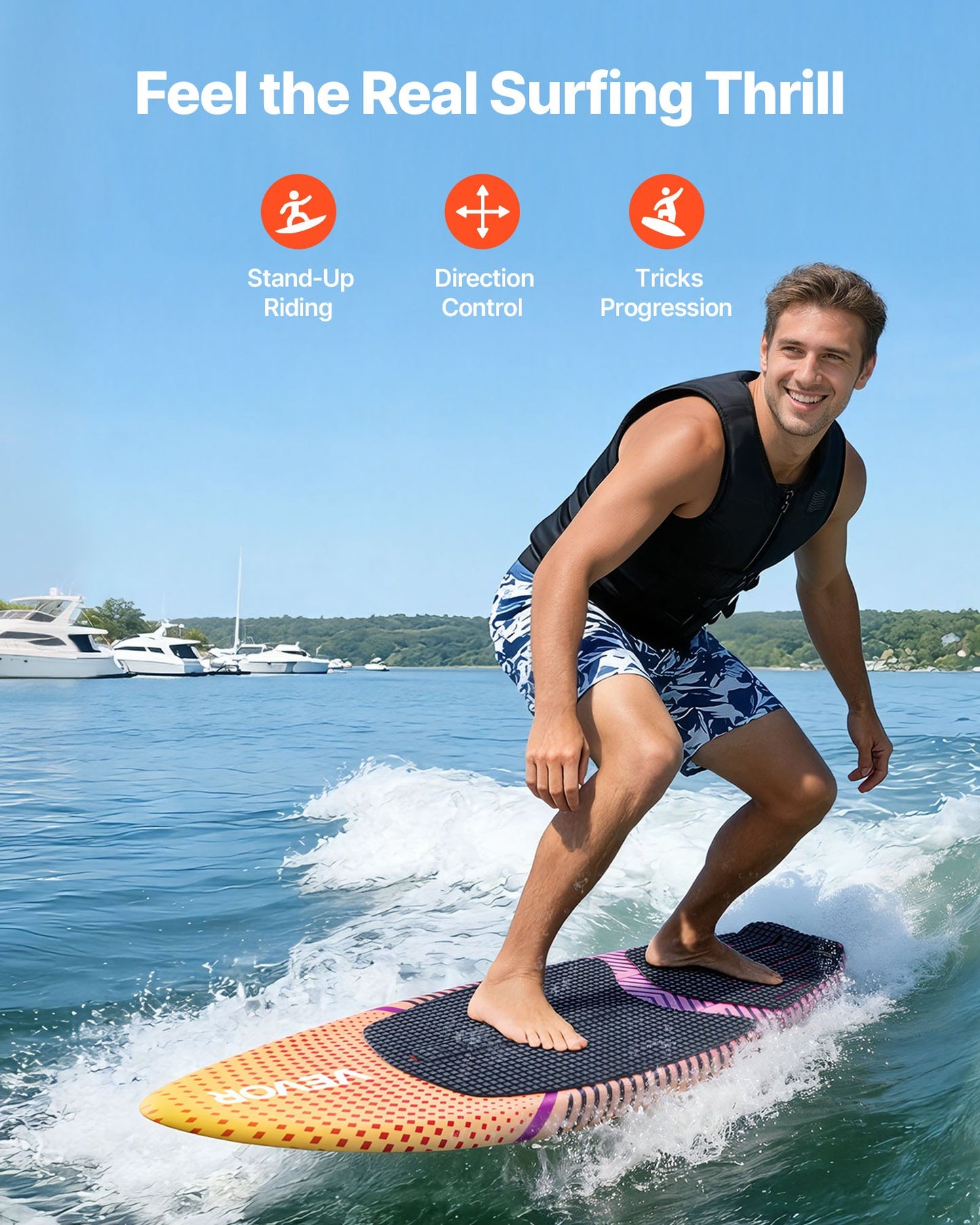 63-Inch Wakesurf Board with EPS Foam Core Non-Slip Pad & Fins - Black