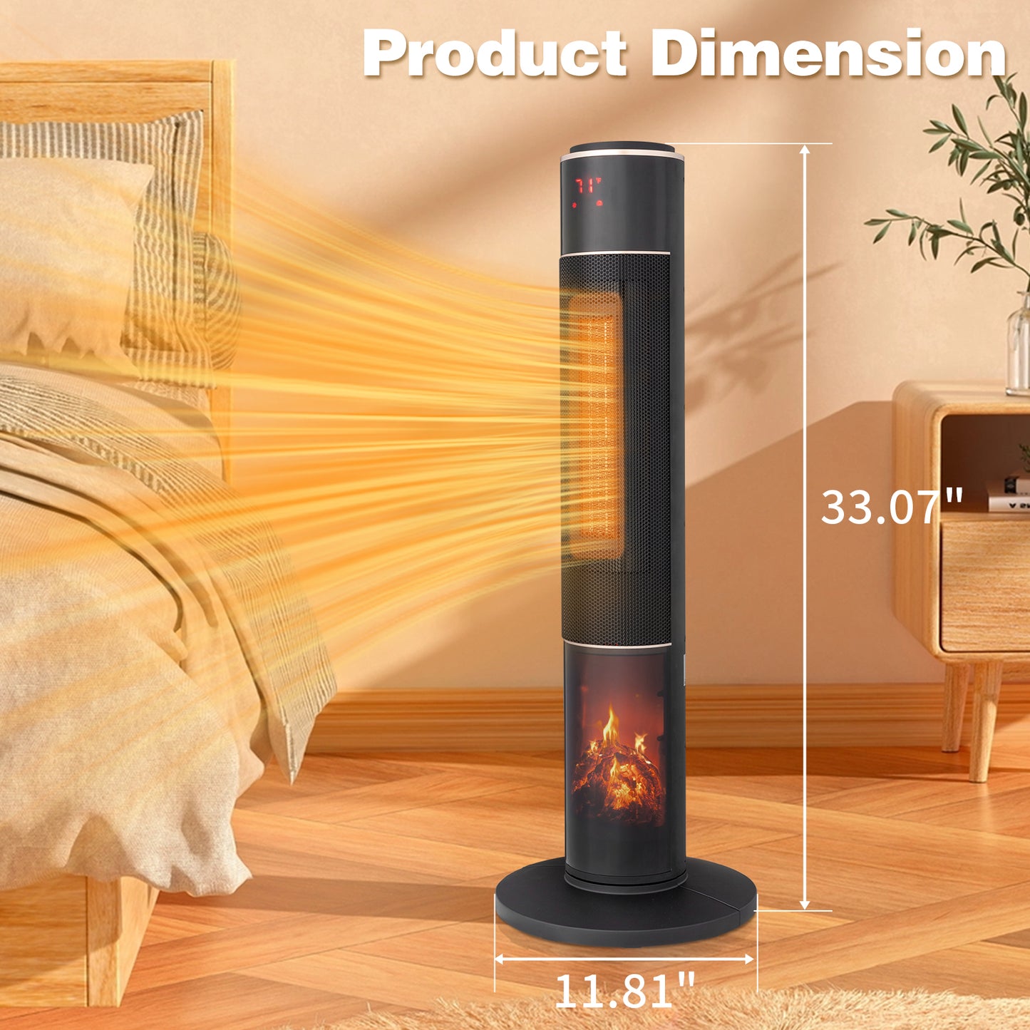 32inch Tower Space Heater with 3D Flame Effect, 1500W Portable Electric Heater with Thermostat, Oscillation, Timer & Remote