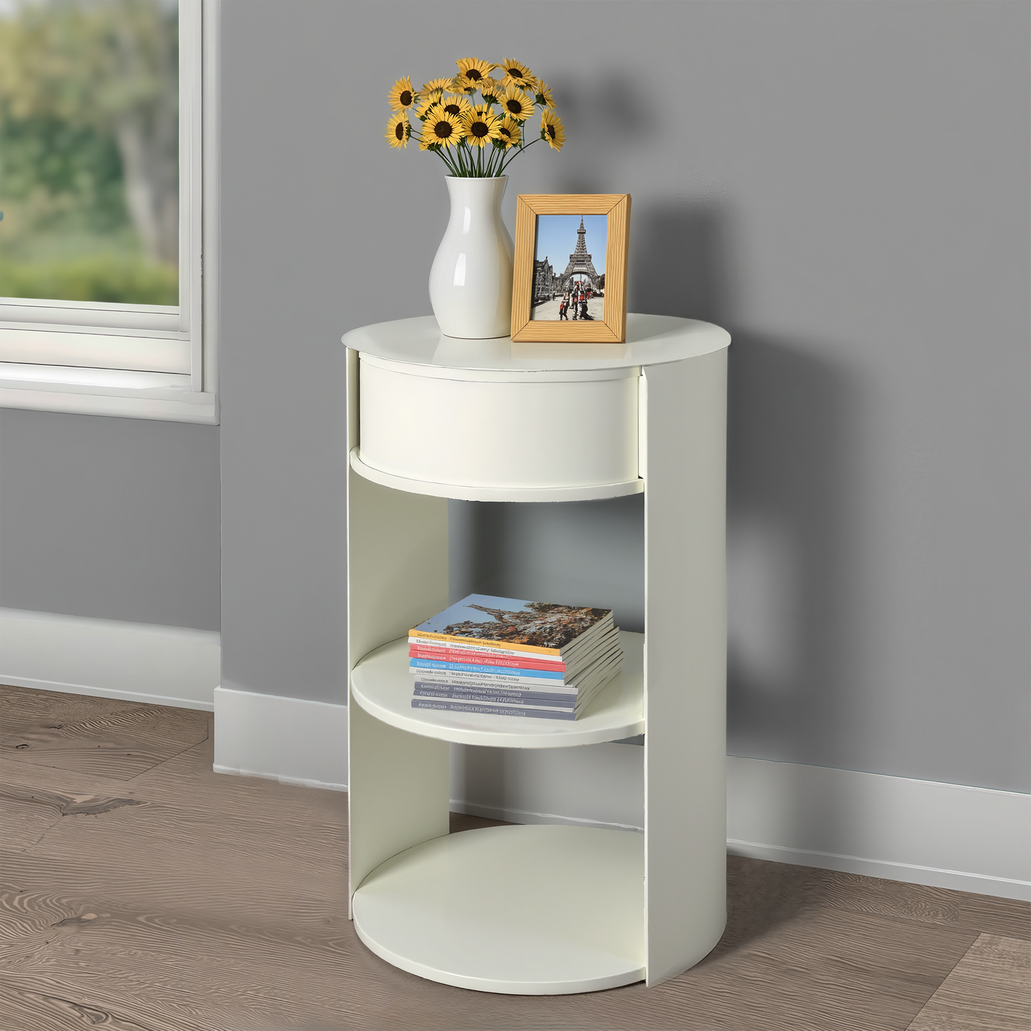 Indoor 3-Tier Metal Round Side Table With Sliding Door Cabinet, Matte