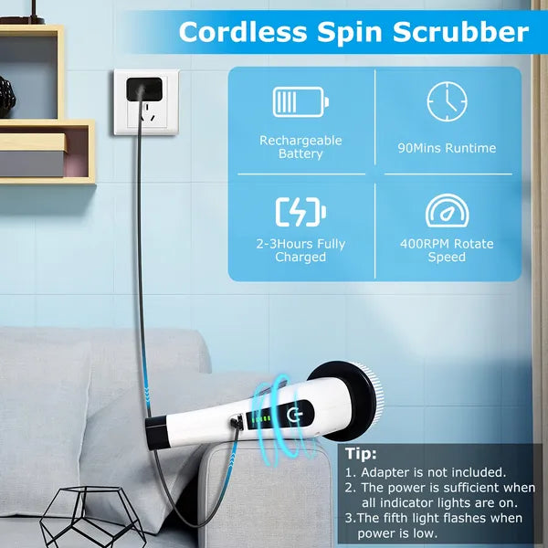 Electric Spin Scrubber Cordless Cleaning Brush with 8 Replacement Heads & Adjustable Extension