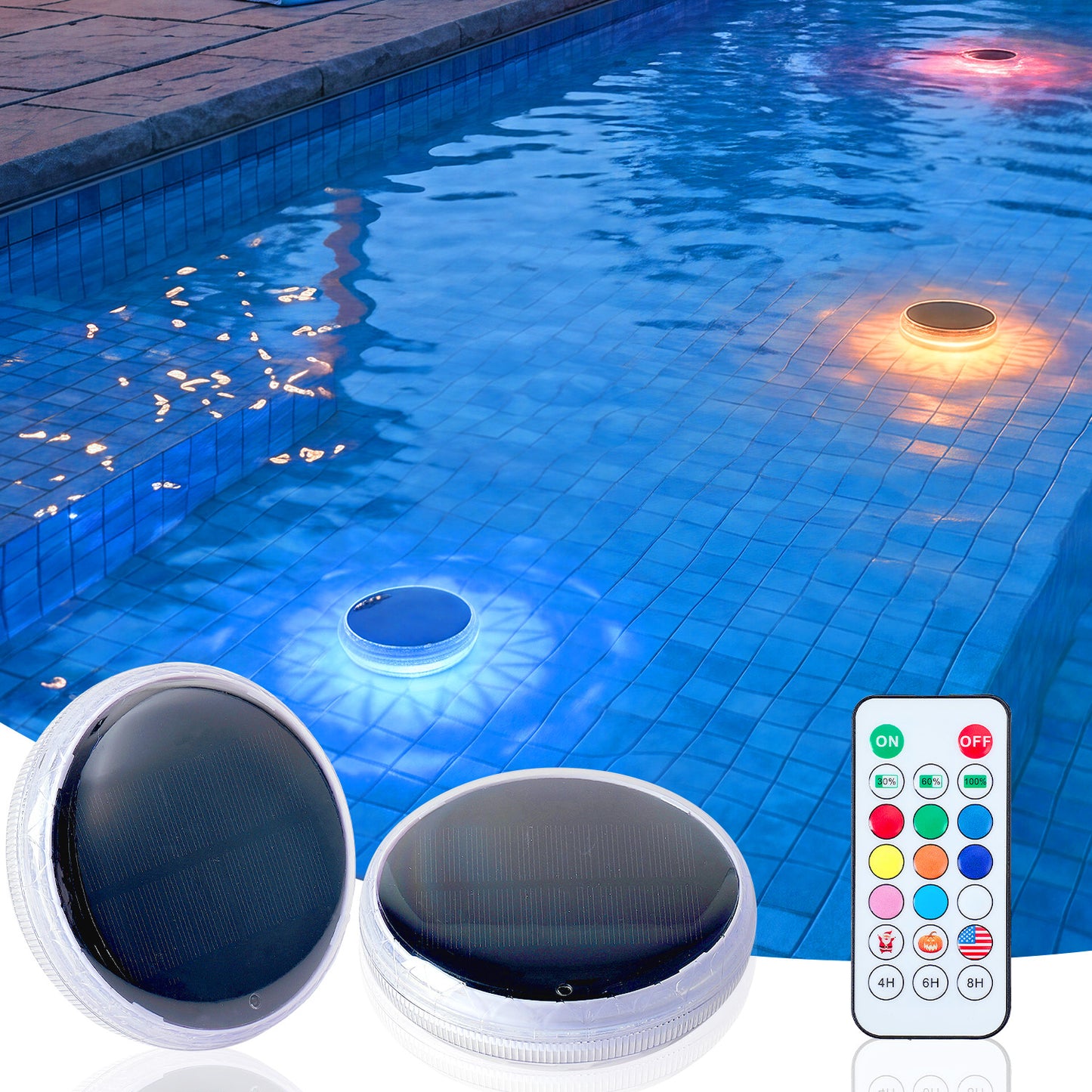 Rechargeable Floating Pool Lights 2 Pack with Remote RGB Colors Waterproof