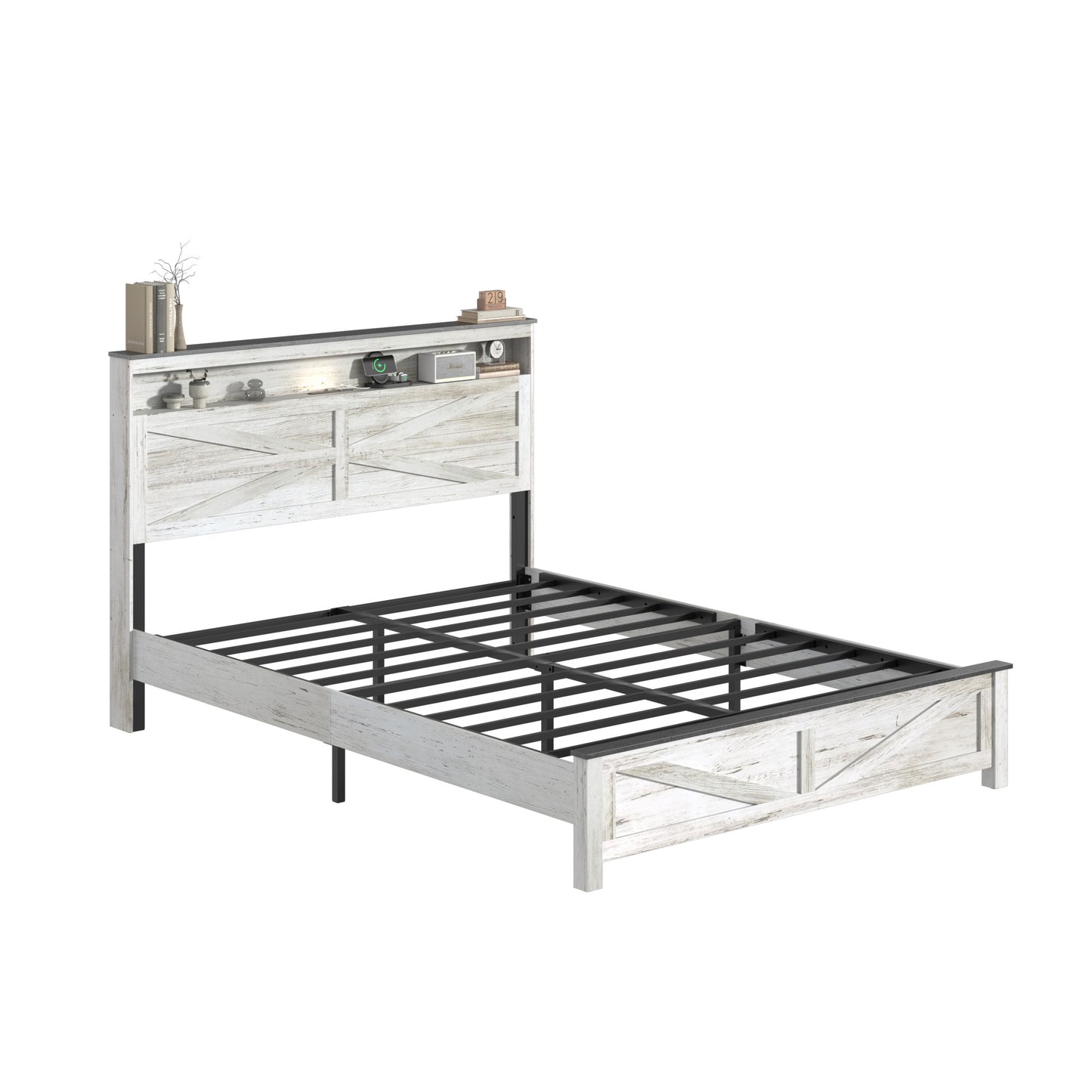 Full Floating Bed Frame with LED Light, Charger & Hidden Storage