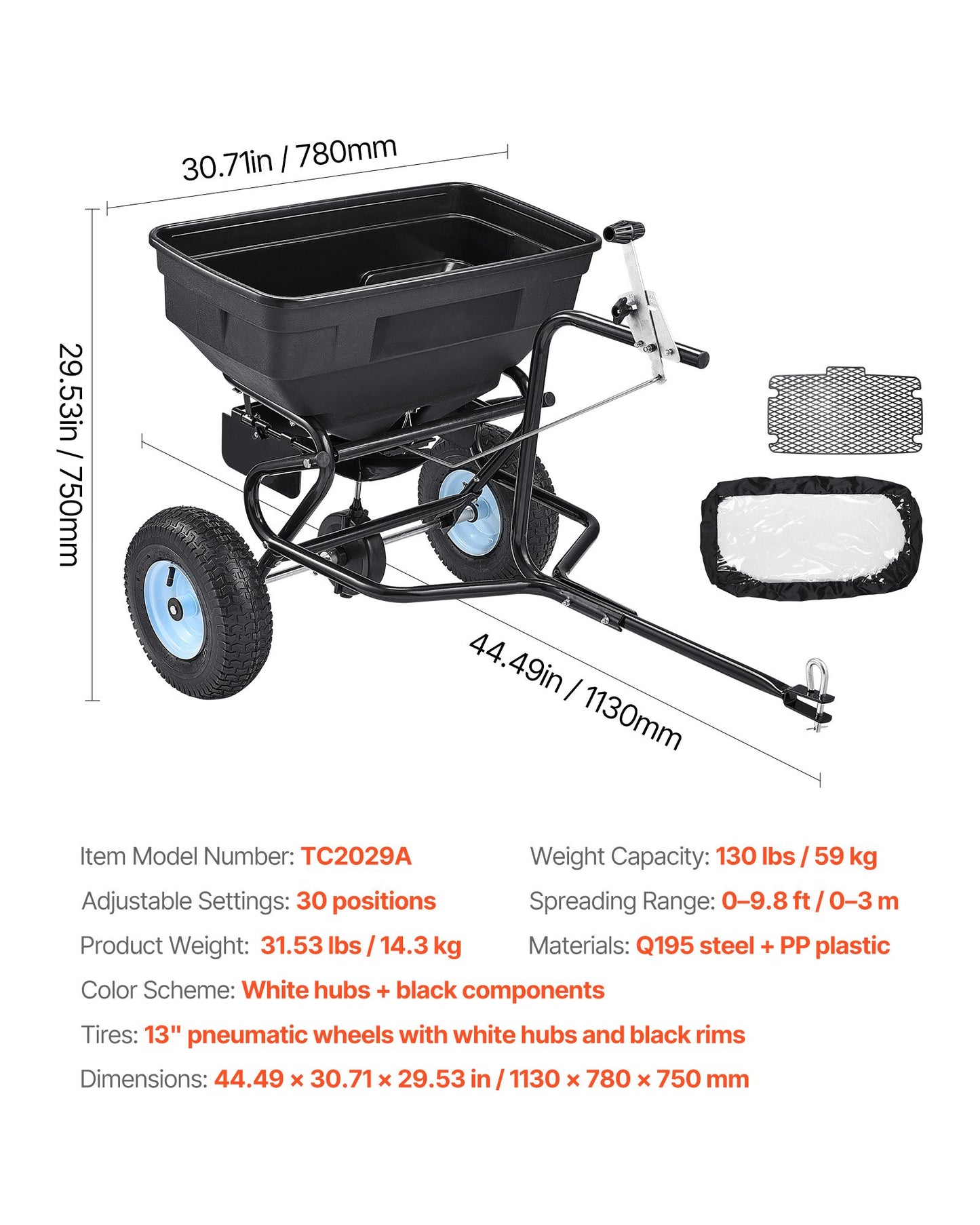 Tow Behind Broadcast Spreader 130LBS Capacity Garden Fertilizer & Seed Spreader