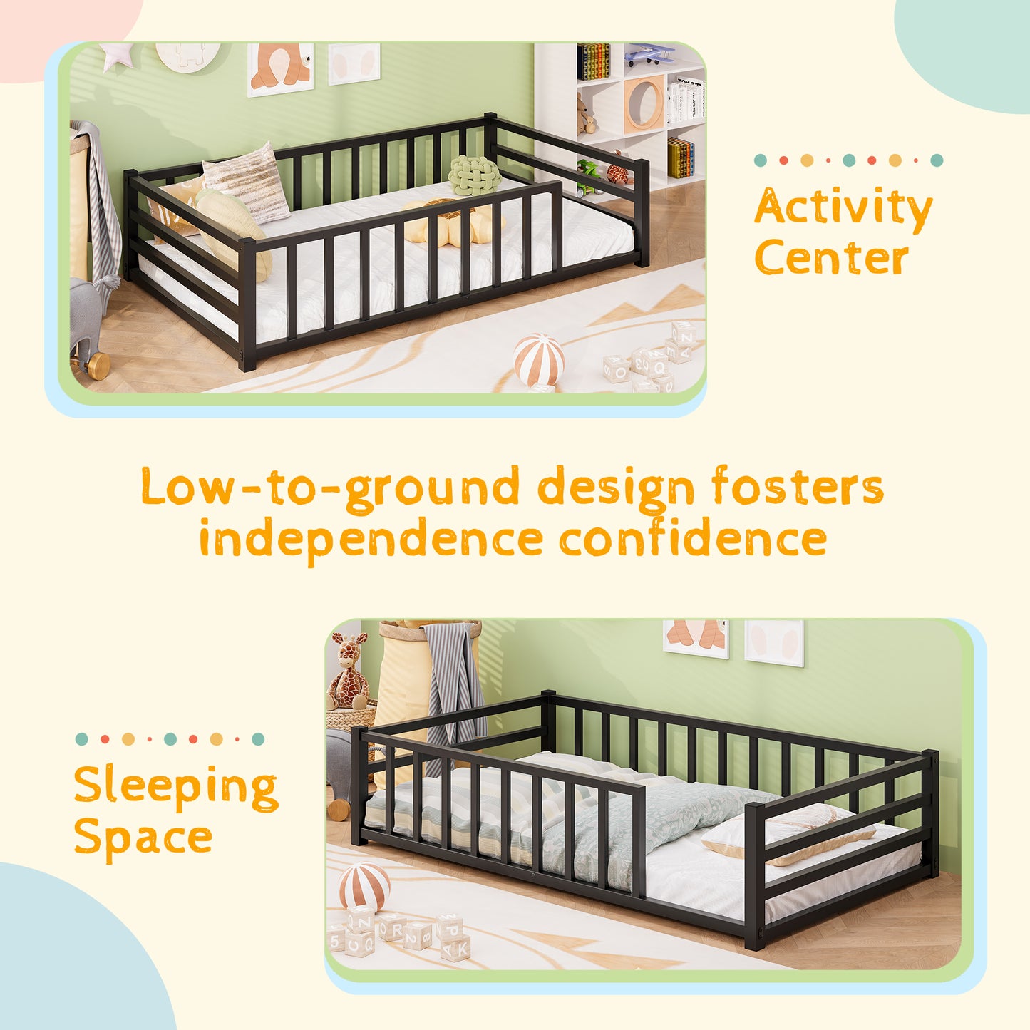 Twin Size Metal Platform Bed Frame with Guardrails - Black