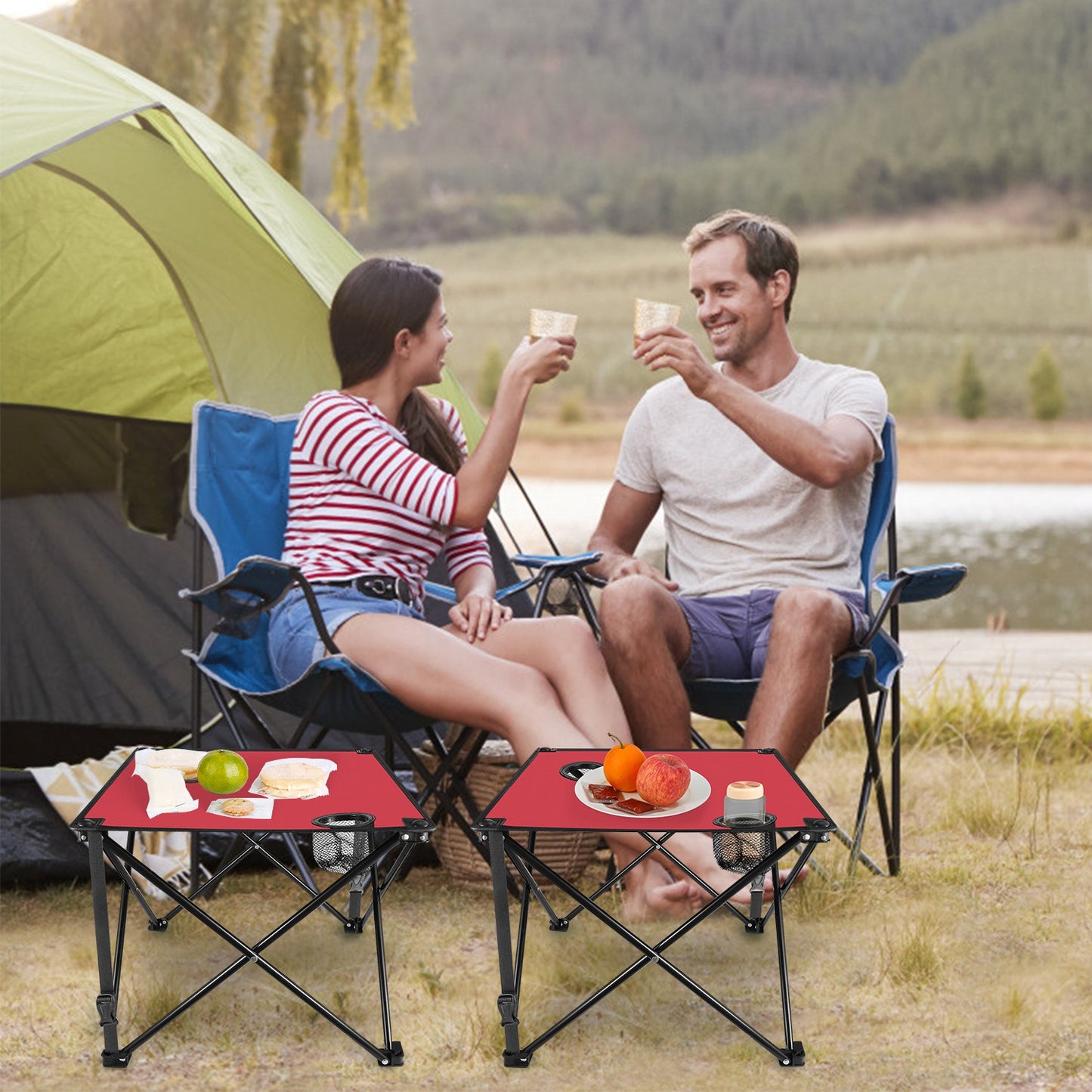 Portable Folding Camping Table with Cup Holders - Multiple Colors & Sets