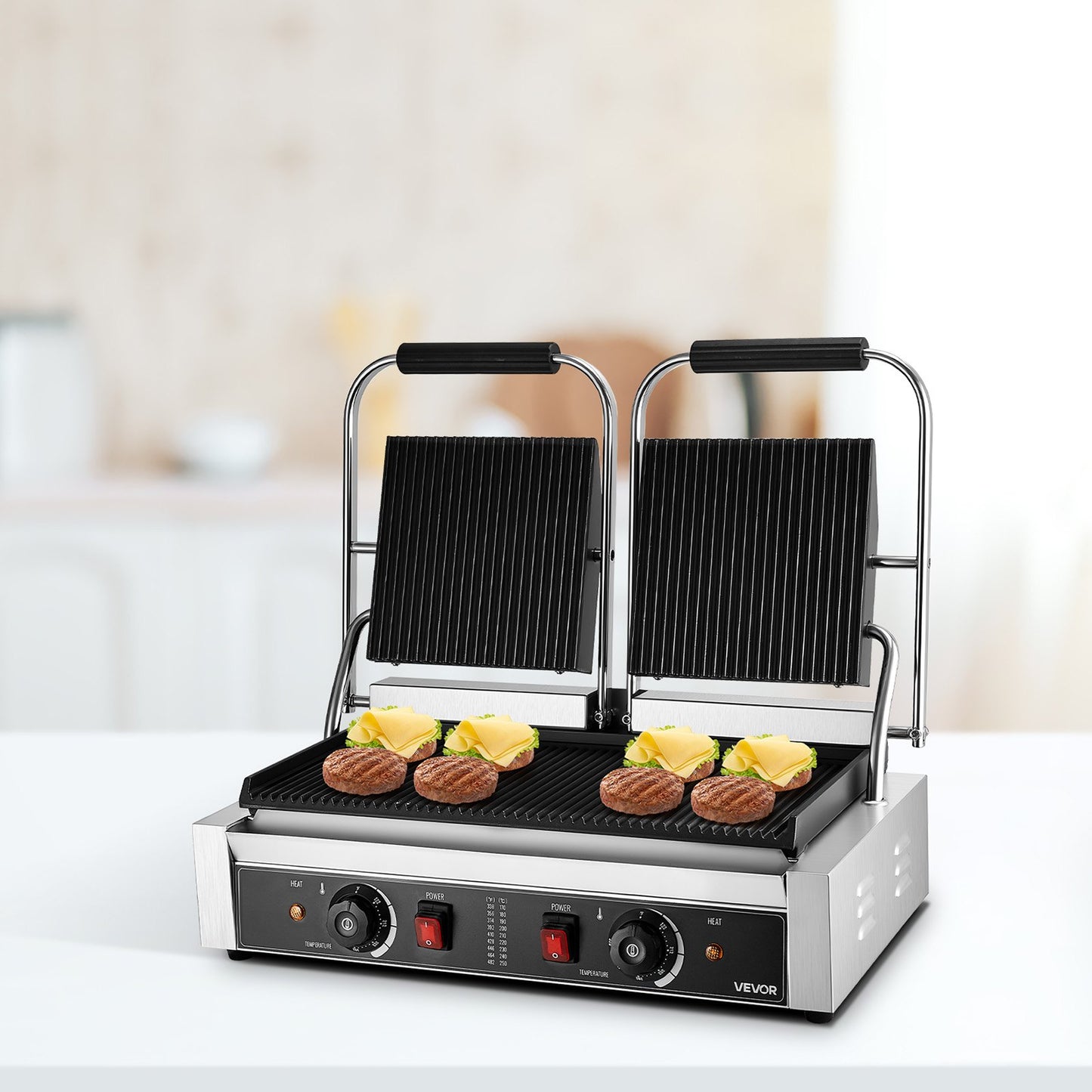 Commercial Electric Panini Press Grill 19x9in Sandwich Maker with Adjustable Temperature