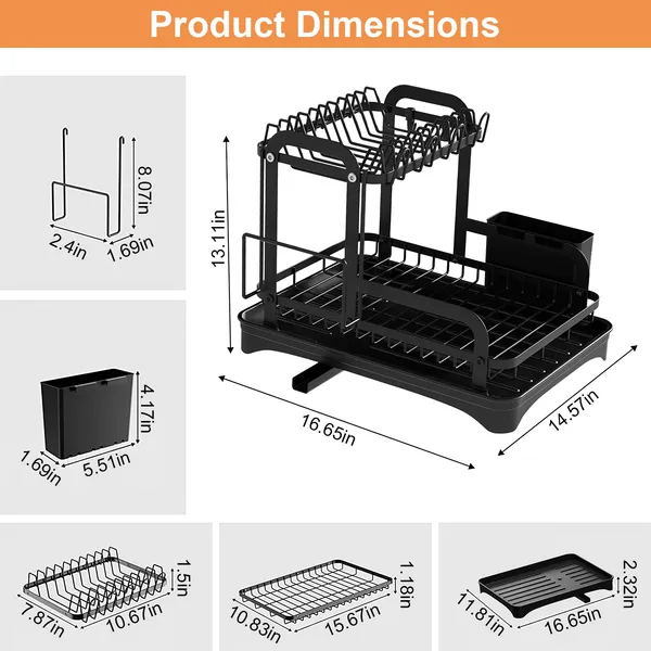 2-Tier Dish Drying Rack - Space Saving, Rustproof, Black