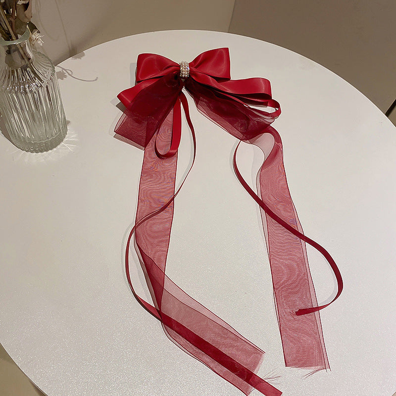Red Bow Encrusted Tassel Hairpin Back Head Spring Clip - Elegant Hair Accessory