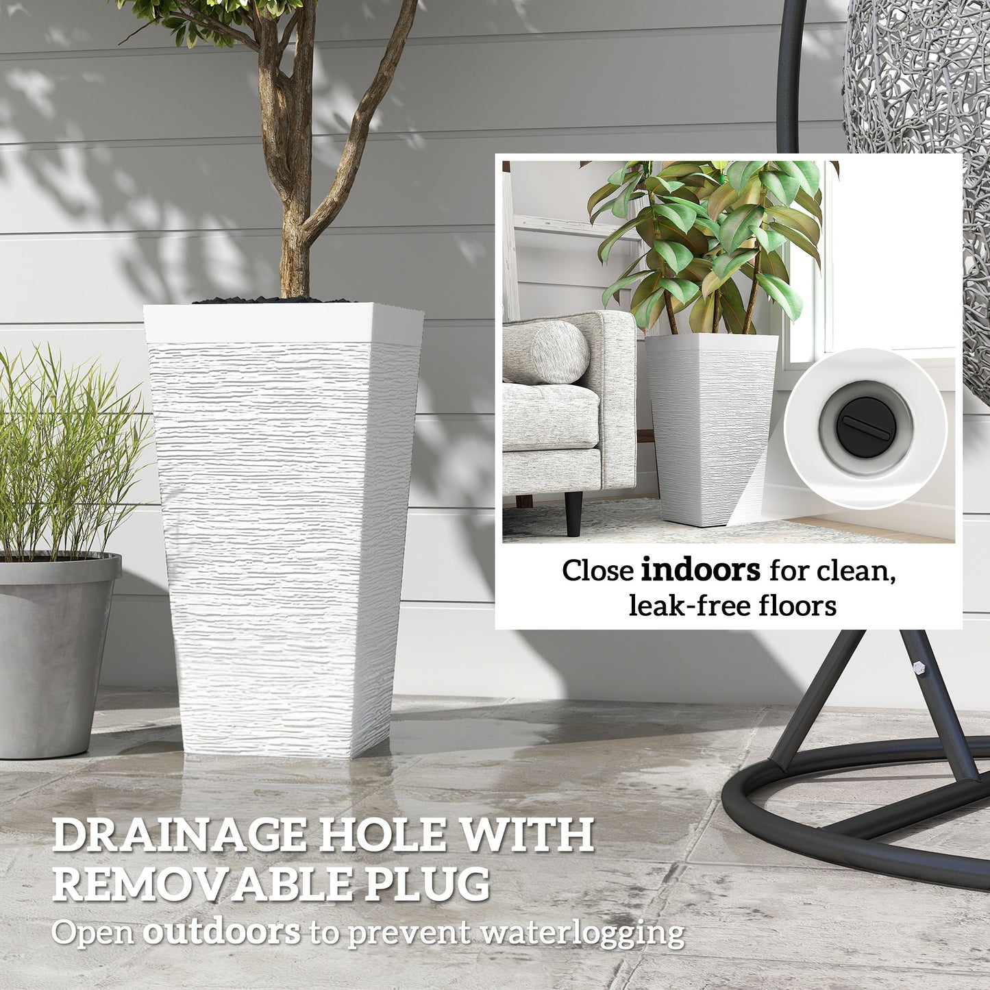 Set of 3 Outdoor Planting Pots with Wheels and Stone Finish - White, 22.8 Inch Tall