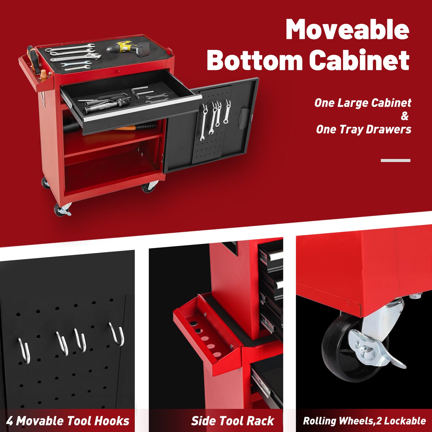 Heavy Duty Metal Tool Storage Cabinet with Lockable Wheels and Detachable Toolbox